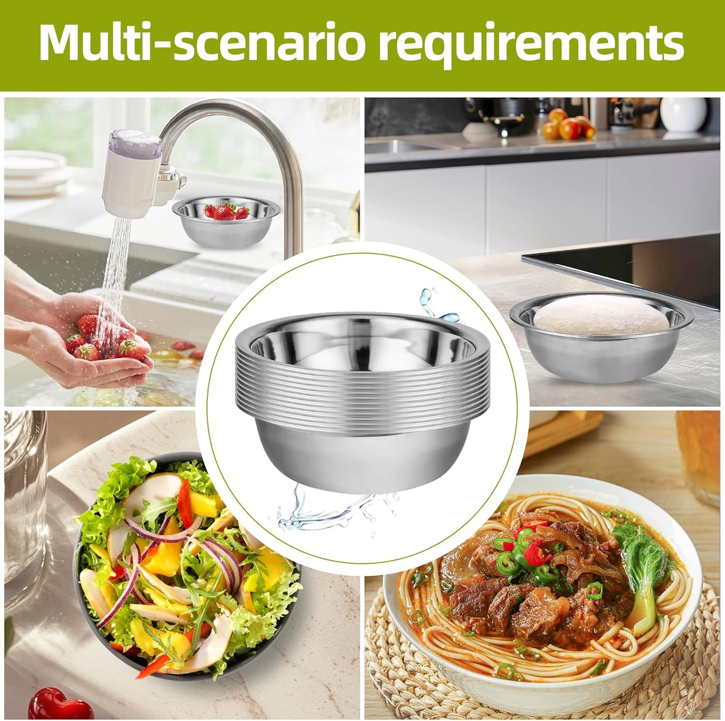 12 Pack 11 x 3 Inch Stainless Steel Mixing Bowls for Bulk Food Prep with Nesting Design for Hotel Restaurant and Home Kitchen Cooking in Silver