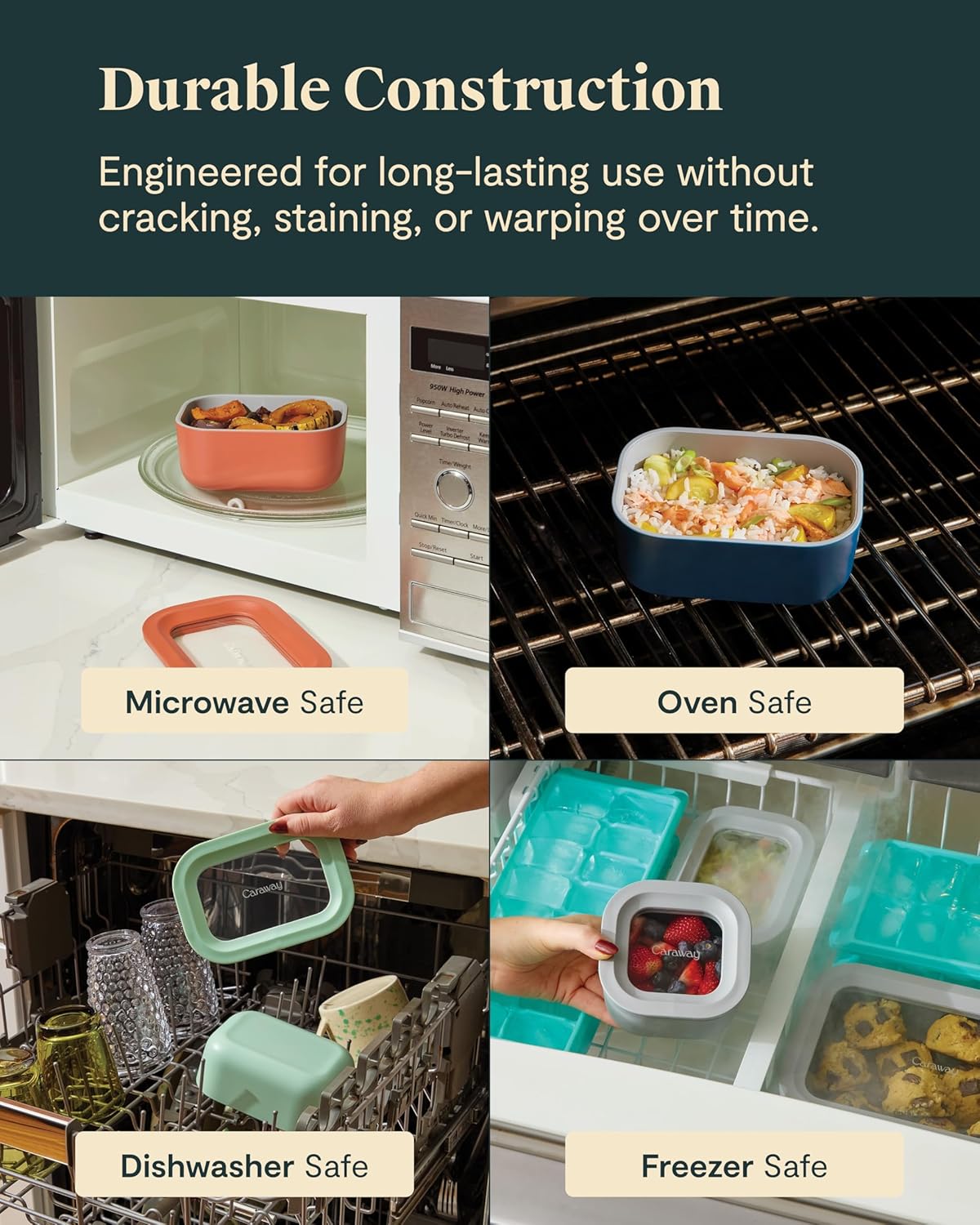Caraway 6pc Glass Food Storage Set - 2.6 Cup Storage Containers For Food (6) - Non-Toxic Ceramic-Coated Glass - Air Release Technology - Compact & Stackable Design - Gray