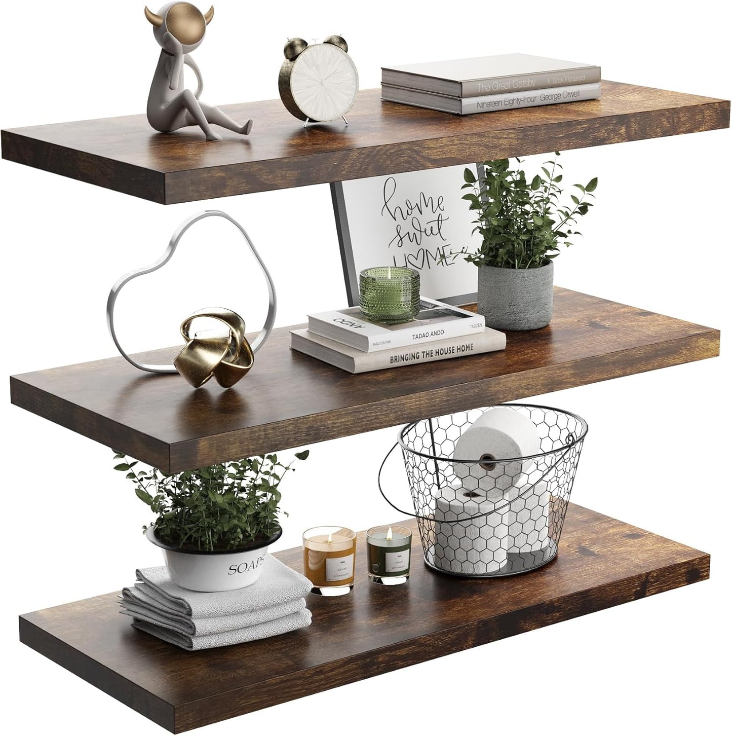 Wall Shelf Set of 3, Rustic Brown Floating Shelves 36 in W x 10 in D x 1 in H, Wooden Floating Wall Shelf with Invisible Brackets for Living Room/Bedroom/Bathroom/Kitchen Storage and Decor