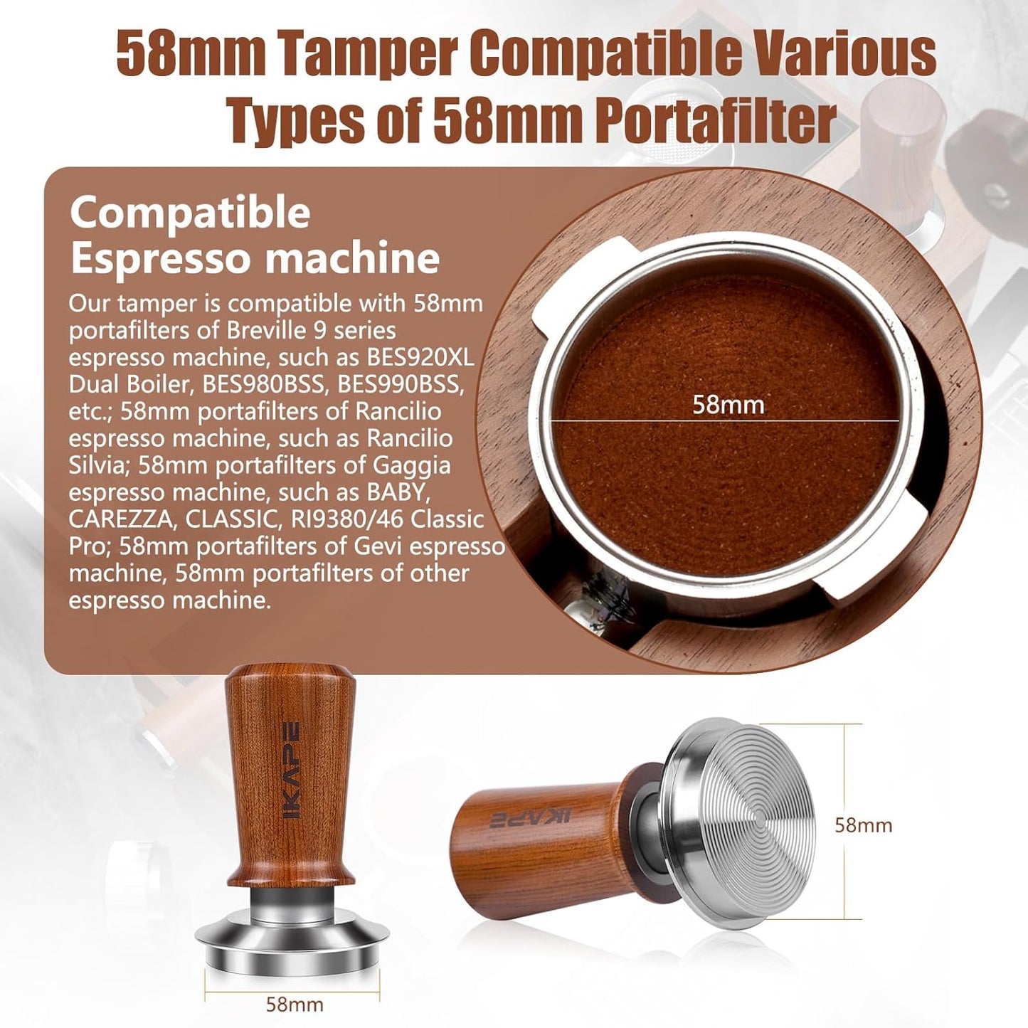 IKAPE 58.35mm Espresso Coffee Tamper, Spring-loaded Calibrated Tamper with Premium Stainless Steel, Newly Upgraded Walnut Tamper Compatible with Over 58MM Espresso Machine Bottomless Portafilter
