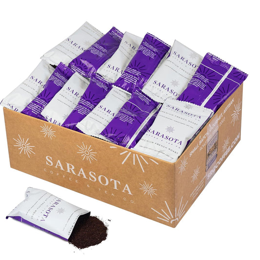 Sarasota Coffee Ground Packets | Low Acid Dark Roast Ground Coffee Packs | European French Roast | Mold Free Singles | Ground Pouches | Individual Packets for 12 Cup Coffee Maker | 1.5 Ounce Bags, 42 Count