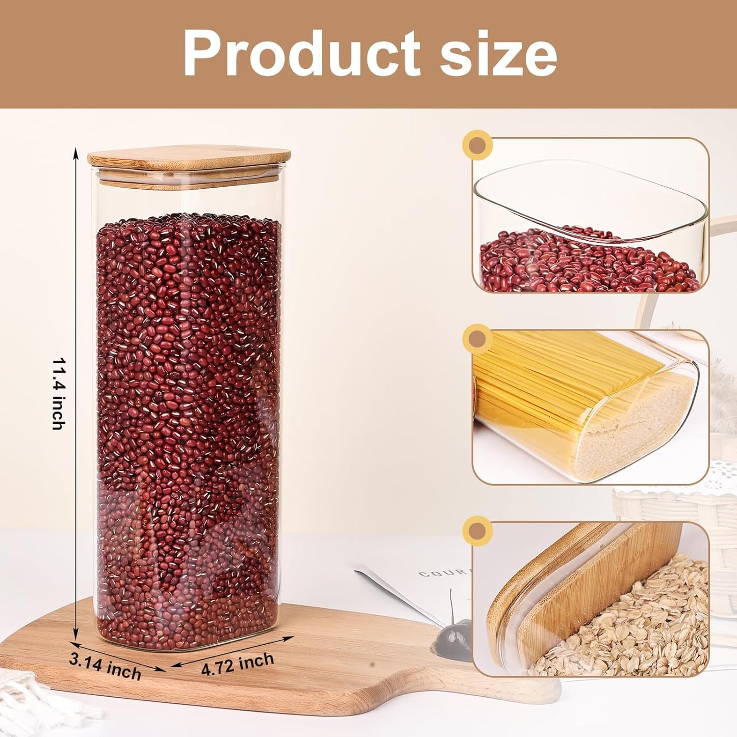 Liuruiyu Glass Storage Jars Set of 3, Clear Glass Food Storage Containers with Airtight Bamboo Lid Stackable Kitchen Canisters for Candy,Cookie,Rice,Sugar,Flour,Pasta(Flat)