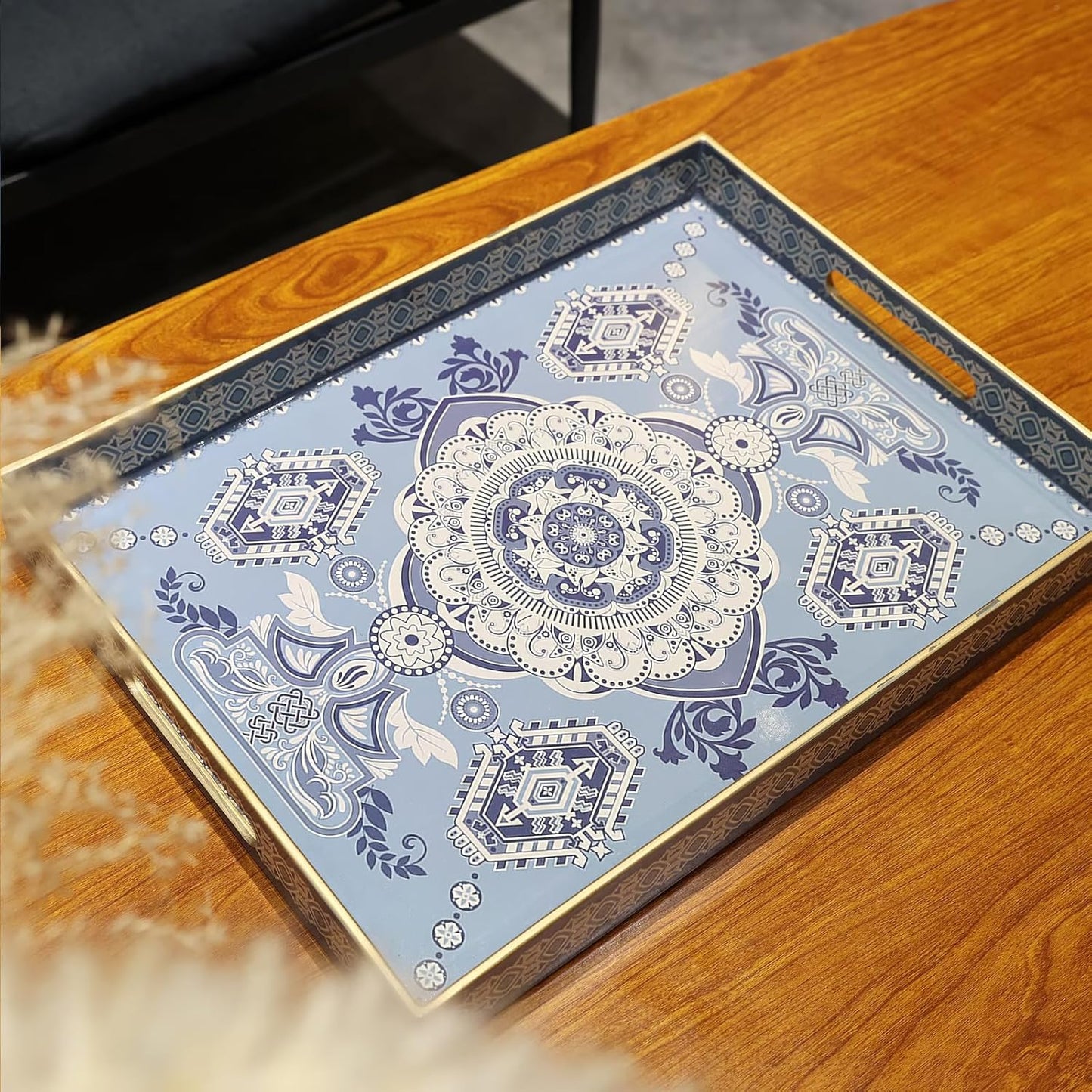 Rectangle Plastic Serving Tray with Handles, Elegant Decorative Tray for Coffee Table, Ottoman, Living Room, Kitchen, Outdoor Use. 12"*16"*1.6" B