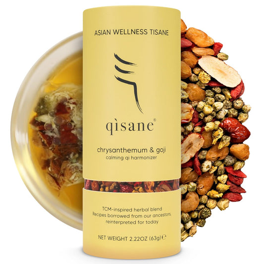 qìsane Chrysanthemum Tea Bags with Organic Dried Goji Berries - Dried Chrysanthemum Flowers, Dried Longan Fruit & Jujube Dates - Herbal Tea to Support Calmness & Well-Being - 10 sachets (~30 cups)