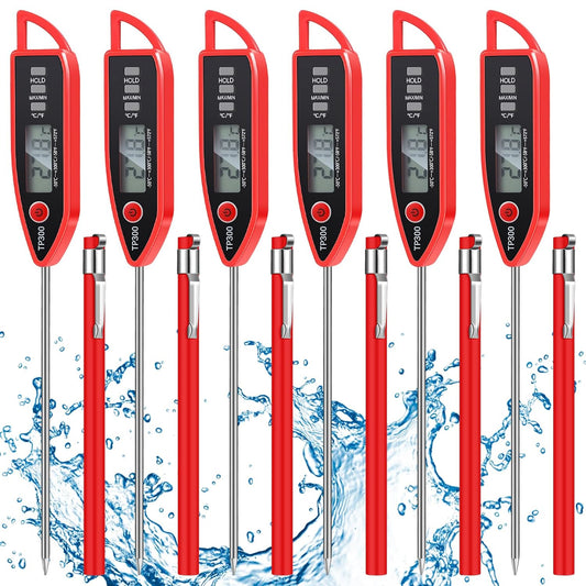6 Set Waterproof Food Thermometer for Water, Liquid, Candle and Cooking Digital Meat Thermometer with Long Probe Instant Read for Kitchen BBQ Grill Candy (Red)