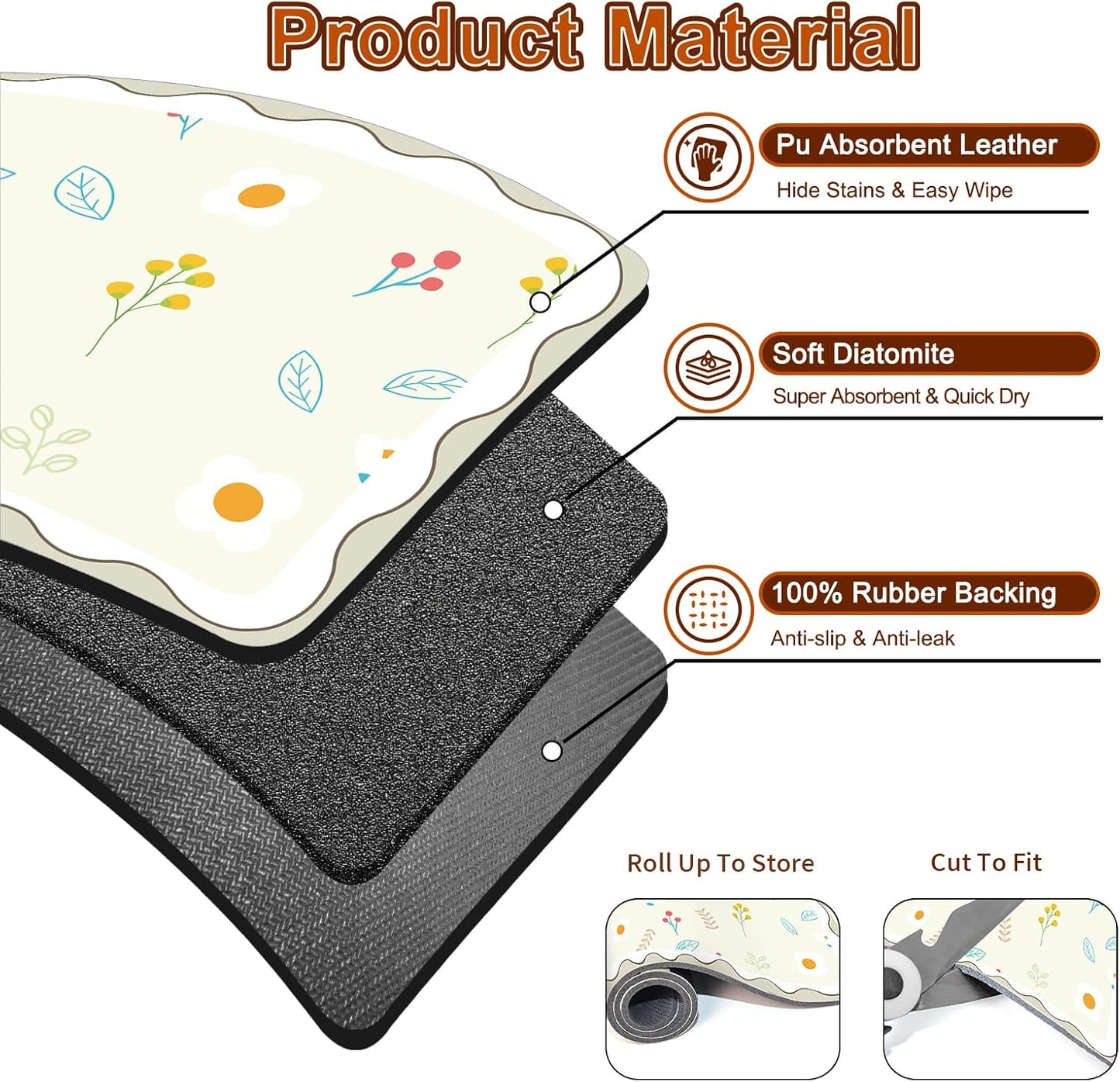 Dish Drying Mat 16" X 24", Super Absorbent & Cuttable Coffee Mats for Countertop, Kitchen Counter Mat Fits Under Coffee Maker or Machine, Hide Stain Drying Pad for Dish Drying Rack, Cute Flower