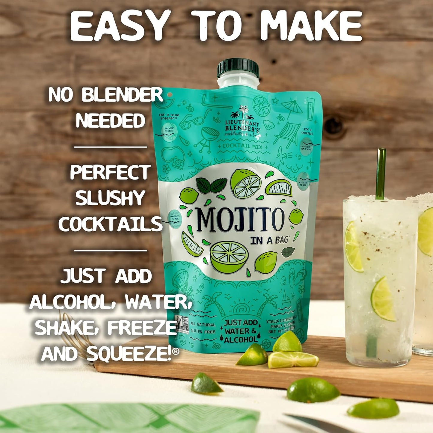 Lt. Blender's Mojito in a Bag - Each Bag Makes 1/2 Gallon of Frozen Mojito Mix – Non-GMO Cocktail Mix for Slushies – Make a Cocktail, Wine Slushie or Mocktail - (Pack of 4)