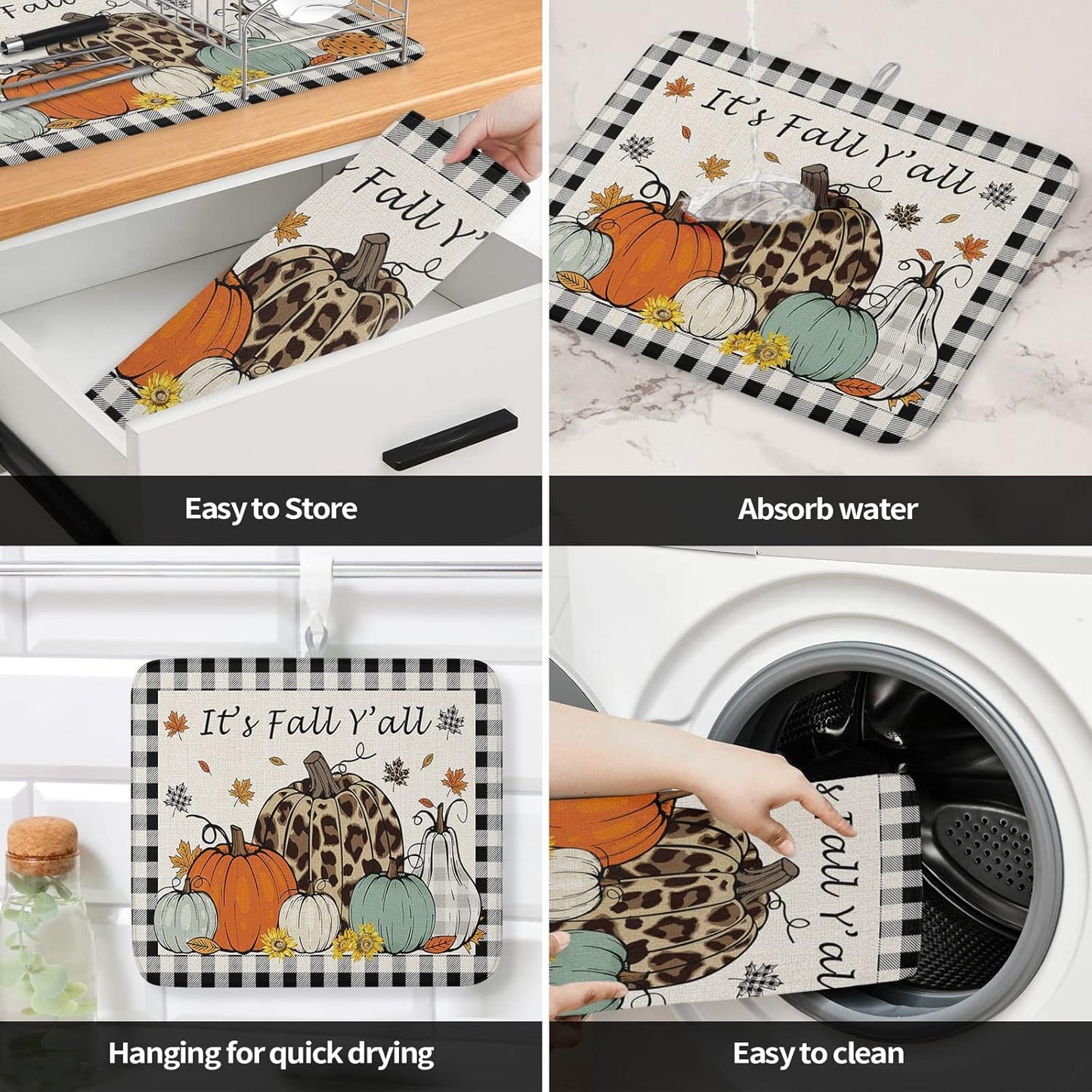 Fall Dish Drying Mat for Kitchen Counter Pumpkin Drying Pad Absorbent Drying Mats for Countertops Sinks Draining Racks Maple Leaves Black Buffalo Plaid Drainer Holiday Harvest Thanksgiving Decor 18x24