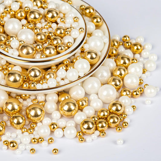 Twisweet Edible Pearl Sprinkles, Gold and White Pearls for Cake Decorating, Gold Sugar Sprinkles for Baking, Mix Size Candy Pearls, Cake Topper Ice Cream Toppings Cupcake Cookie Dessert Decorations, Christmas Wedding Birthday Party Supplies (130g/4.58oz)