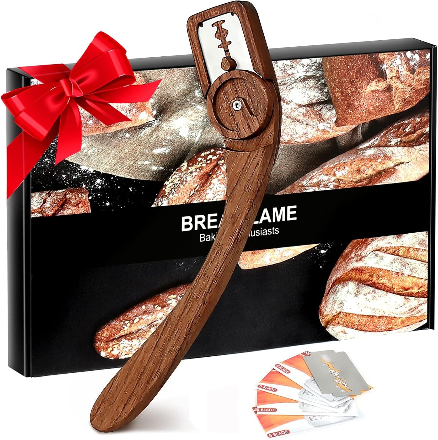 Innovative Magnetic Bread Lame Bread Scoring Tool,Bread Lame Cutter,Bread Scoring Knife for Bread Baking & Sourdough Baking,Bread Razor Tool with 5 Razor Blades-Black Walnut Wood
