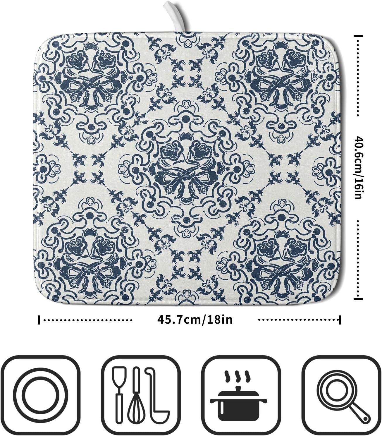 Bohemian Grey Retro Dish Drying Mat for Kitchen Counter,Boho Abstract Flower Art Drying Mat 16 x 18 Inch Microfiber Dish Drying Pad Dish Rack Pad Drainer Mat for Coffee Bar
