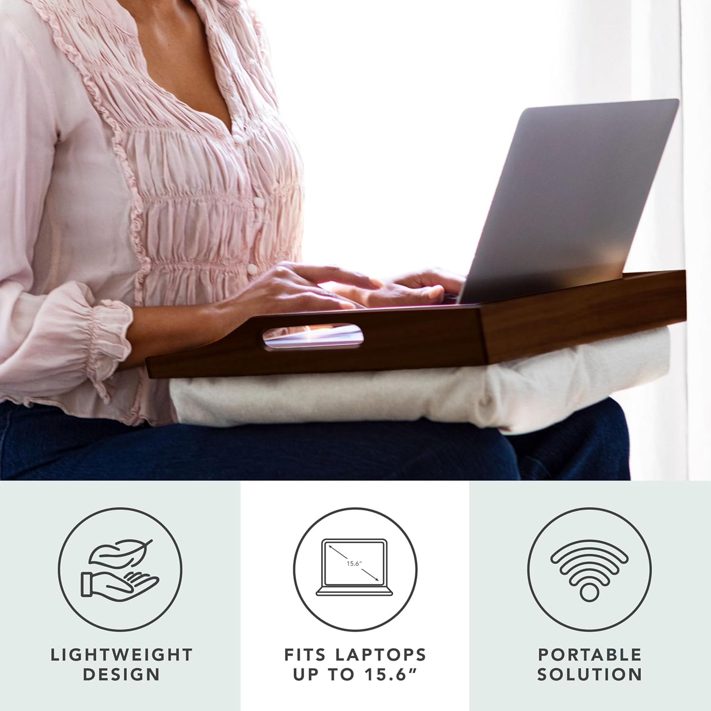 ROSSIE HOME Bamboo Wood Bed Tray, Lap Desk with Detachable Cushion, Serving Tray - Java - Fits up to 15.6 Inch Laptops - Style No. 76102