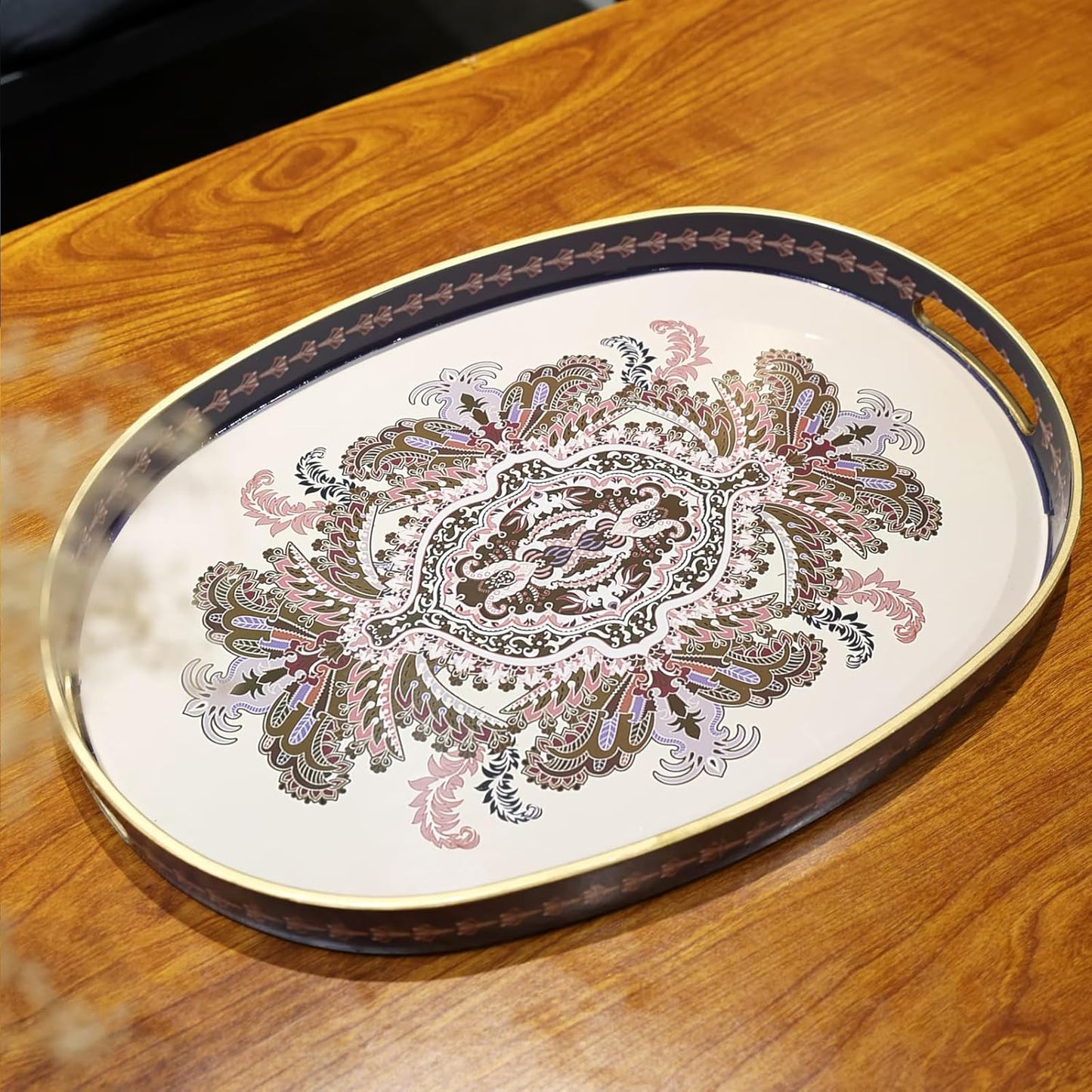 Oval Plastic Serving Tray with Handles, Elegant Decorative Tray for Coffee Table, Ottoman, Living Room, Kitchen, Outdoor Use. 10"*16"*1.4" B