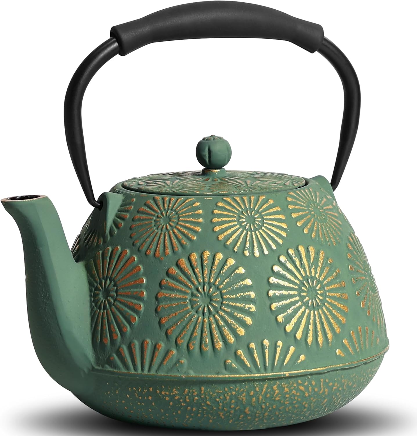 Cast Iron Teapot, 40oz Tea Kettle with Infuser for Stove Top, Sakura Design Japanese Tea Pot for Tea&Coffee Coated with Enameled Interior, Silicone Handle 1200ml Green