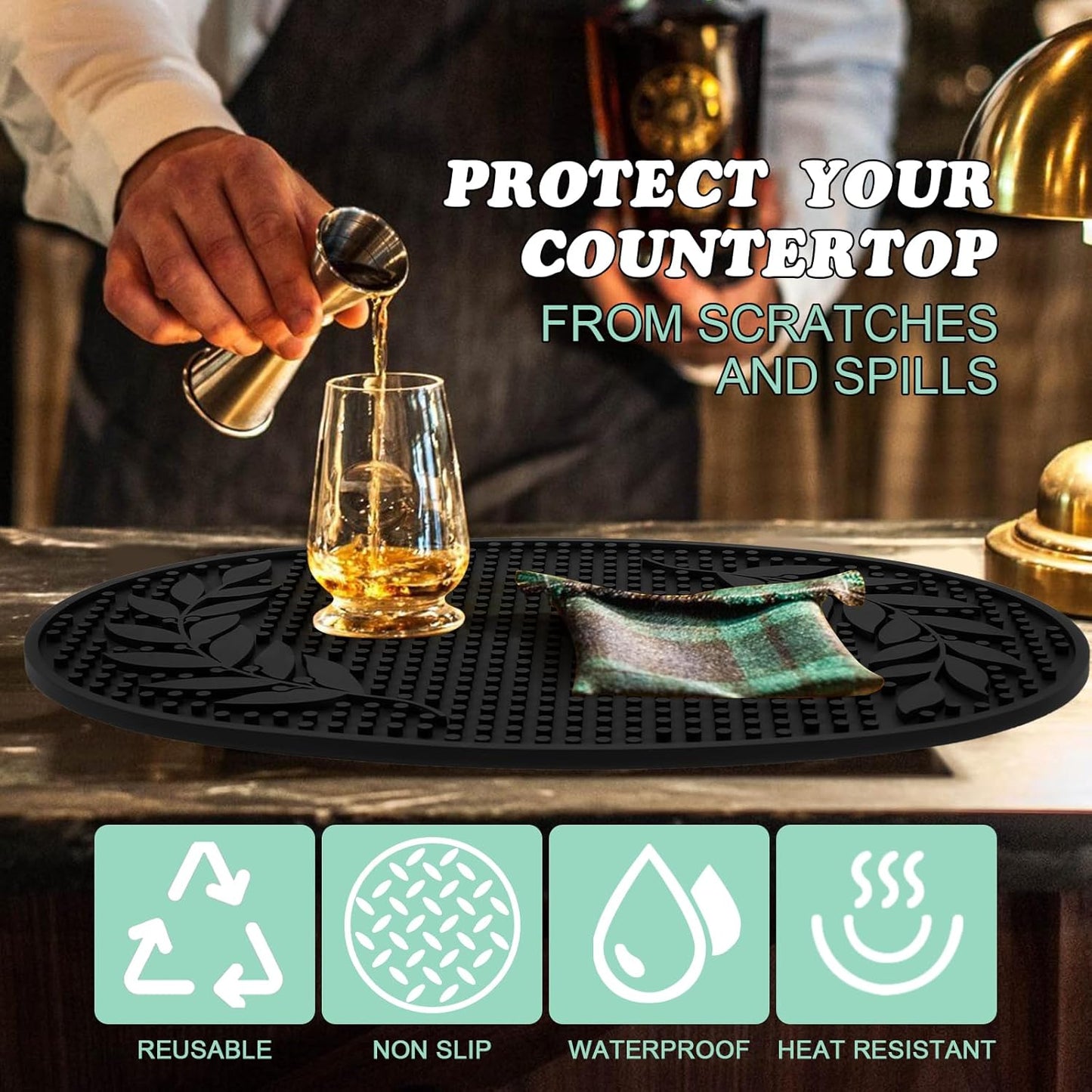Bar Mat for Countertop 18in x 12in Large - Thick Durable Non-Slip Spill Rubber Bar Mats for Bartending - Personalized Custom Oval Bar Mat for Home Bar Barista