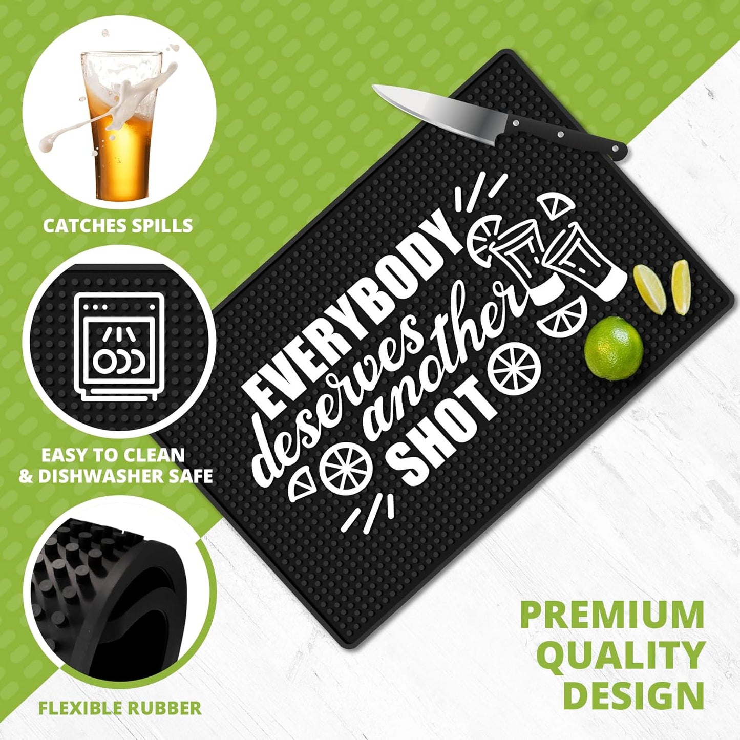 Everybody Deserves Shot Bar Mat for Countertop - Ideal for Bartending & Home Bar Spill-Proof, Durable, Non-Slip Rubber Mat - Large Size 18"x12" - Bar Mats for Home Bar - Thick Rubber Mat
