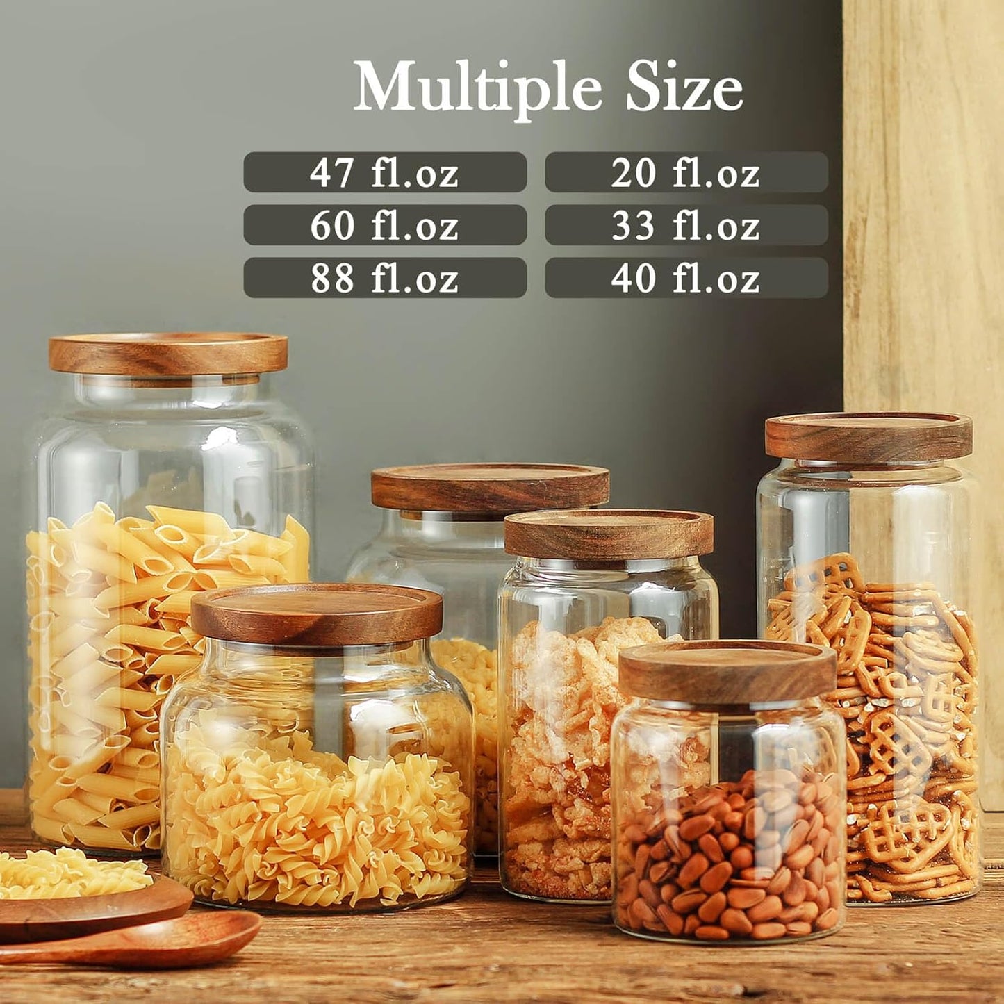 Labina Glass Storage Container Airtight Food Jars Kitchen Canister with Wood Lids, 20 Oz Wide Mouth Pantry Organization Glass Jar for Flour, Sugar, Cookie, Spagetti, Nuts and Candy (2 Pack)