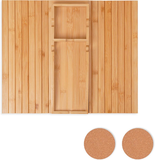 Foldable Couch Cup Holder with 2 Cork Coasters – Detachable Bamboo Sofa Tray, Anti-Slip Sofa Armrest Caddy for Drinks, Snacks, Laptops, & Bathtub – Perfect Home & Gift Accessory