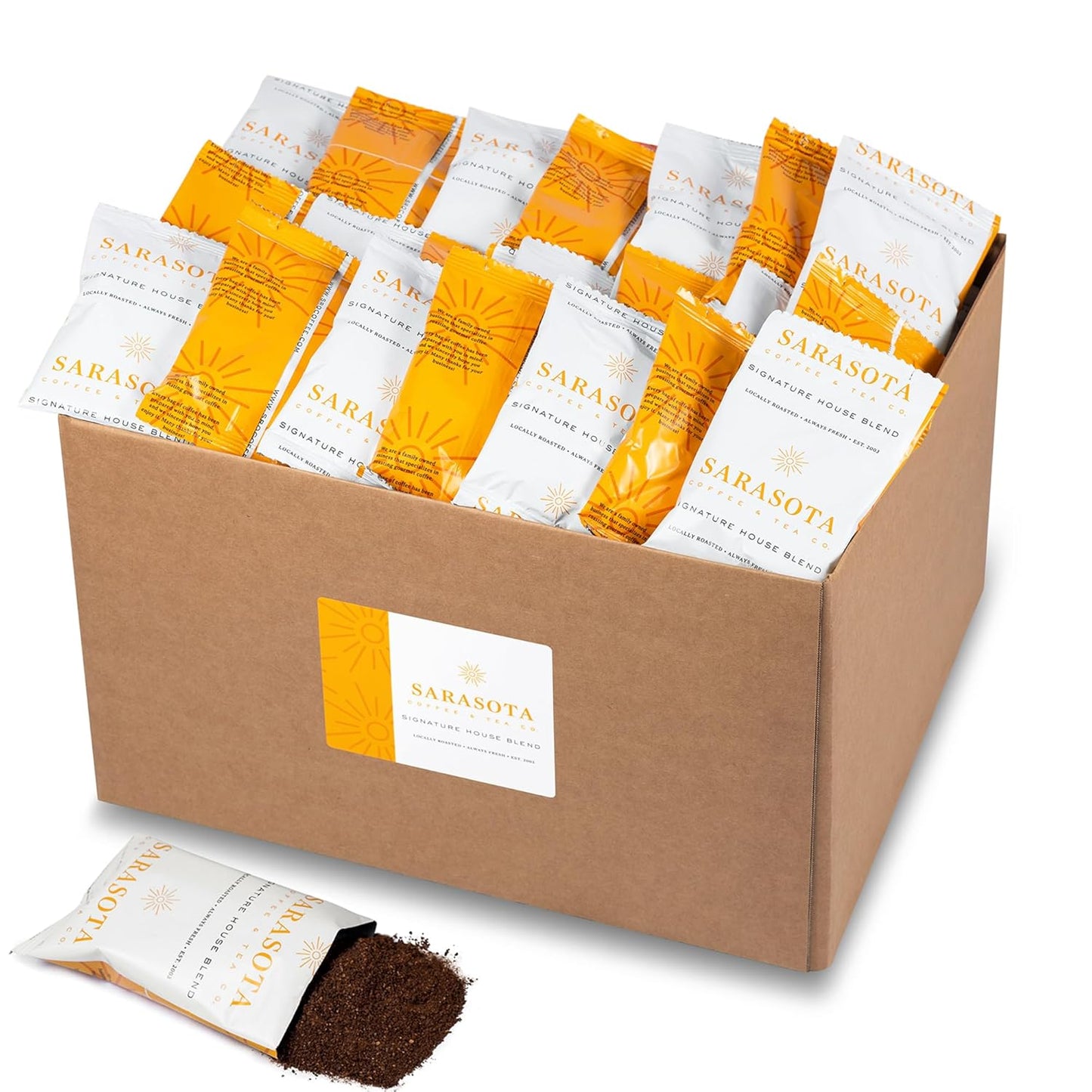 Sarasota Coffee Ground Packets | Gourmet Medium Roast Bulk Coffee Packs | Breakfast Blend | Low Acid Mold Free Singles Individual Pouches for 12 Cup | 1.75 Ounce Bags, 100 Count