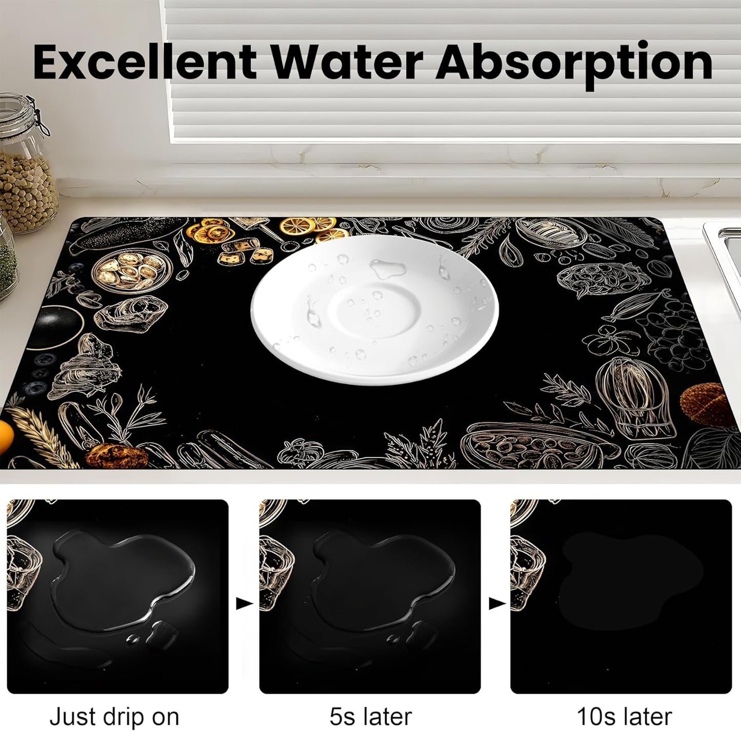 17"x 32" Coffee Bar Mat, Kitchen Ingredients Absorbent Dish Drying Mat Cuttable Hide Stain Draining Table Pad for Kitchen Counter, Coffee Bar Accessories