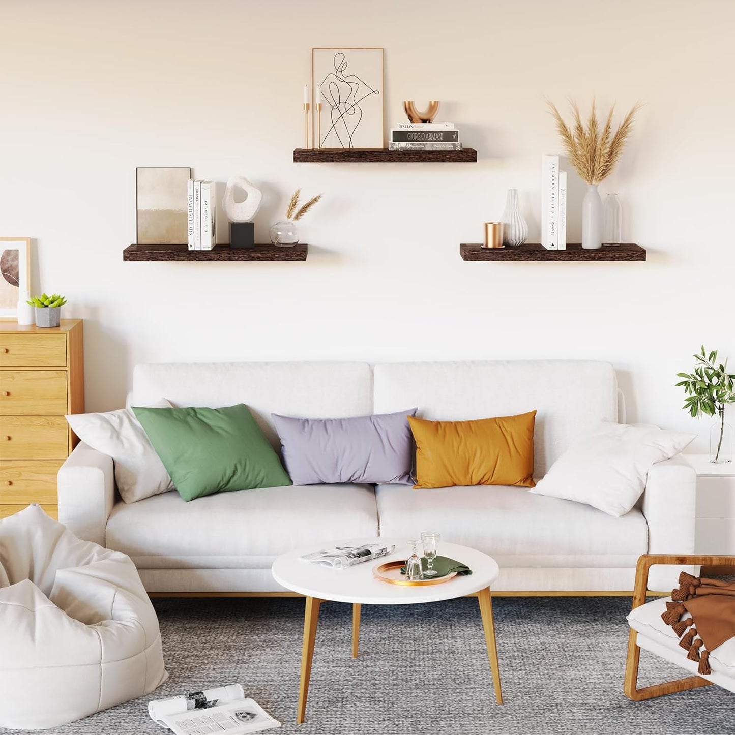 3 Pack Floating Shelves, 16in Brown Paulownia Wood, Rustic Style, Wall Mounted Storage Shelves for Kitchen, Living Room, Bedroom, Bathroom Decor, 75lbs Load Capacity