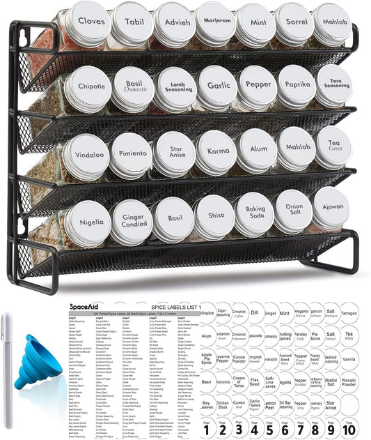 SpaceAid Spice Rack Organizer with 28 Spice Jars, 386 Spice Labels, Chalk Marker and Funnel Set for Cabinet, Countertop, Pantry, Cupboard or Door & Wall Mount - 28 Jars, 13.4" W × 10.8" H, White