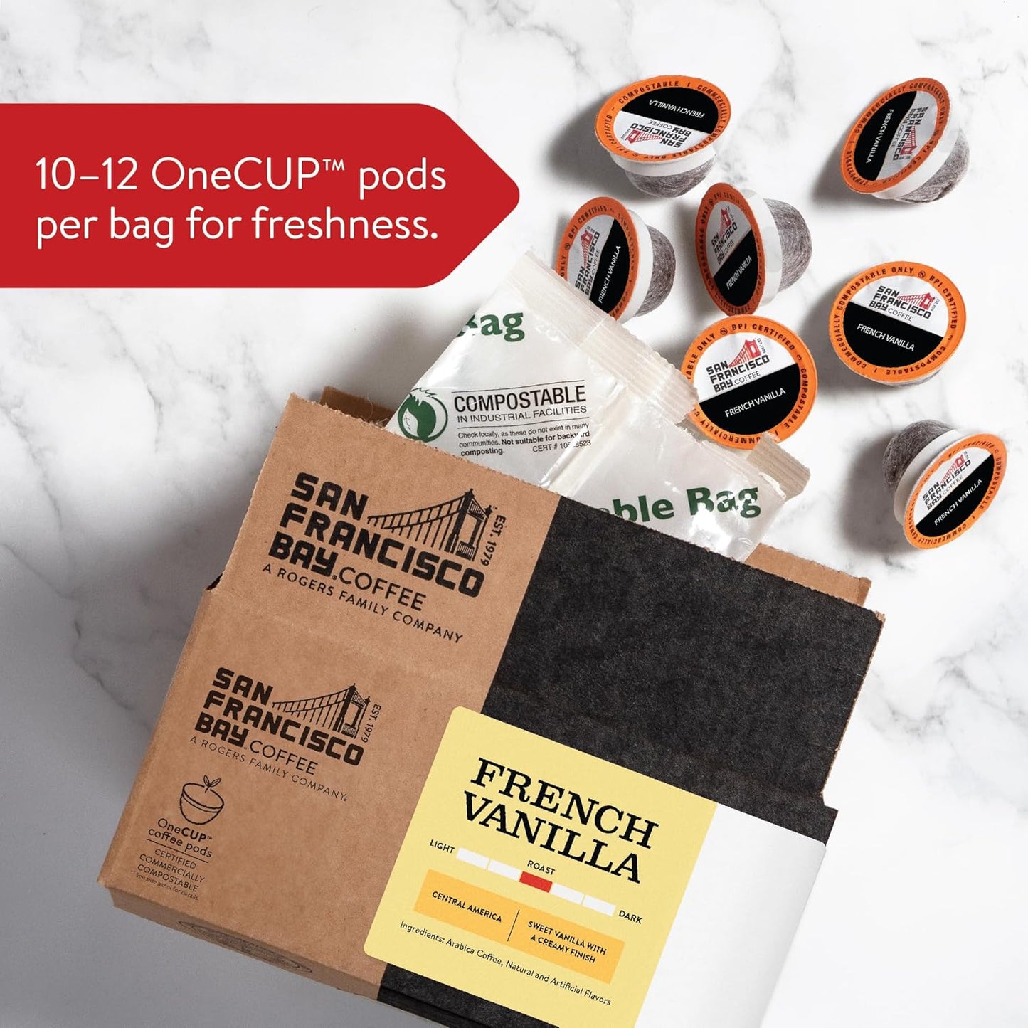 San Francisco Bay Coffee - Flavored Medium Roast - French Vanilla (80 ct) - Single Serve Coffee Pods, Commercially Compostable, K Cup Compatible