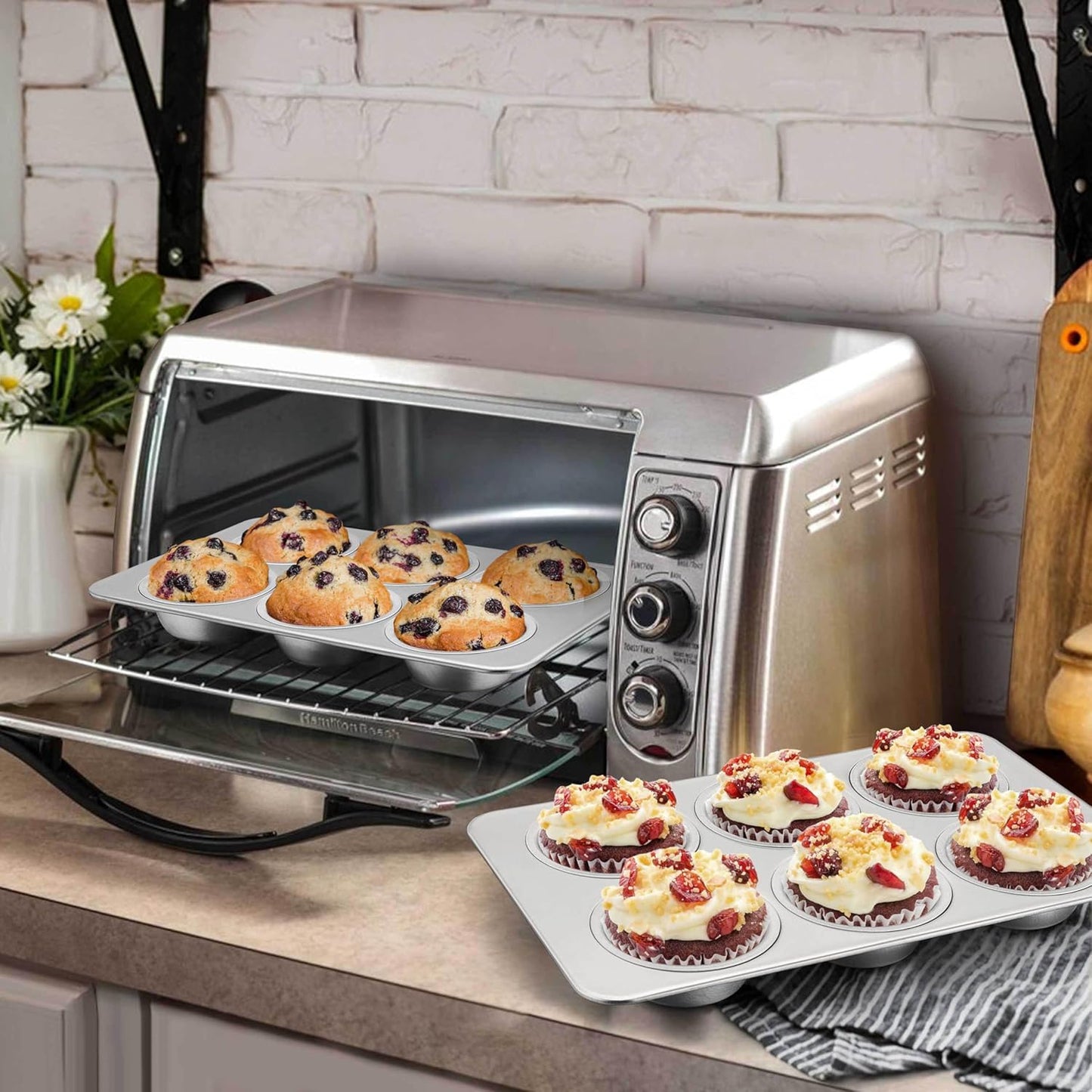 Homikit 2 Pack Muffin Pan, Stainless Steel Cupcake Baking Tin with 6 Cups Regular Size, 11.4 x 7 Inches Metal Egg Bites Tray for Toaster Oven, Rust Free & Non Toxic, Easy Release & Dishwasher Safe
