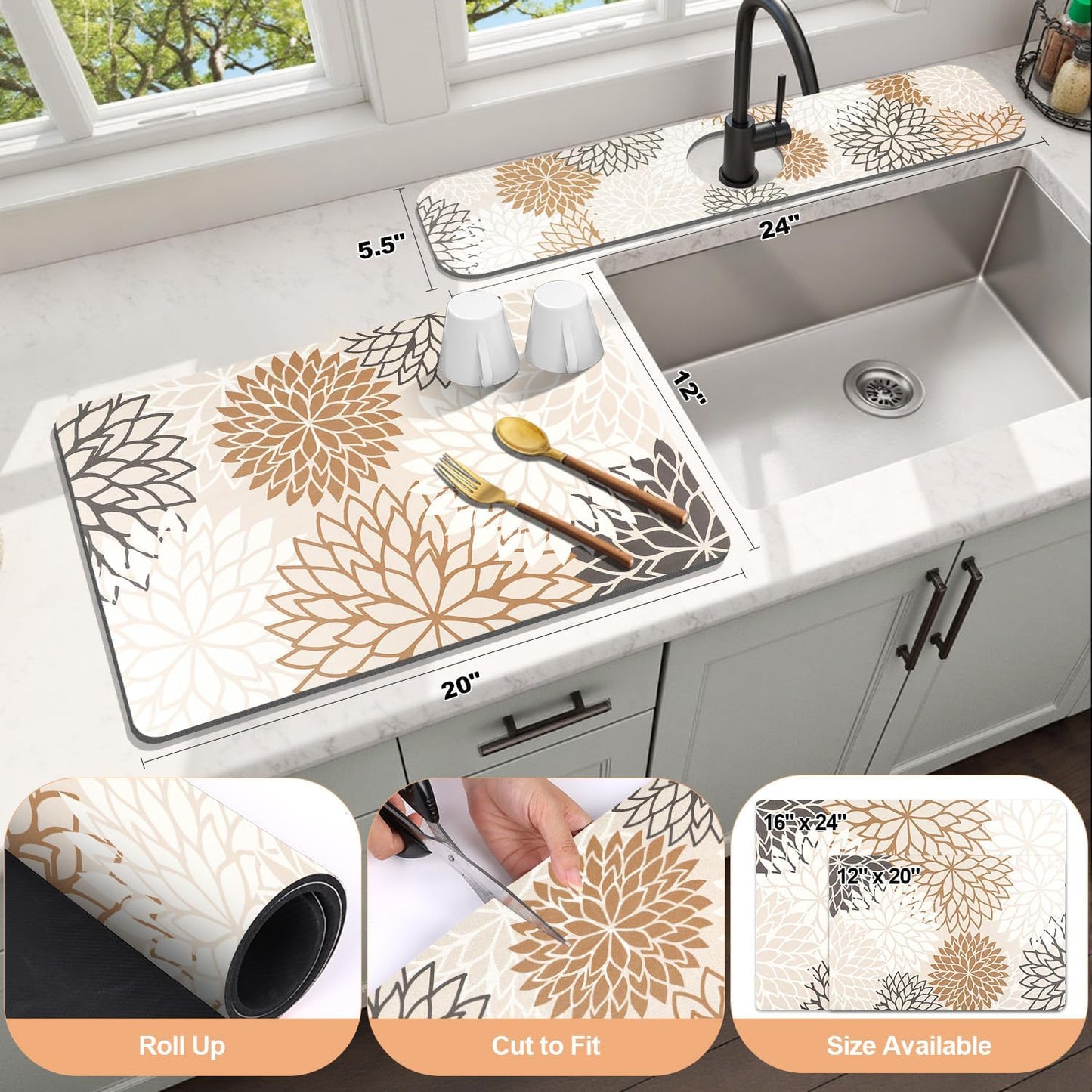 Findosom 2PCS 12" x 20" Dish Drying Mat & 24" x 5.5" Sink Splash Guard, Super Absorbent & Cuttable Dish Mat Drying Kitchen Mat with Brown Floral, Hide Stain Drying Mat for Kitchen Counter