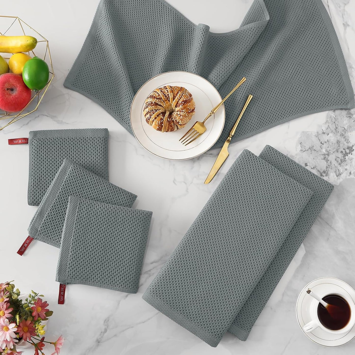 Kitinjoy 100% Cotton Waffle Weave Kitchen Towels (13 X 28 Inches, Grey), 4-Pack Super Soft and Absorbent Dish Towel for Drying Dishes, Kitchen Hand Towels