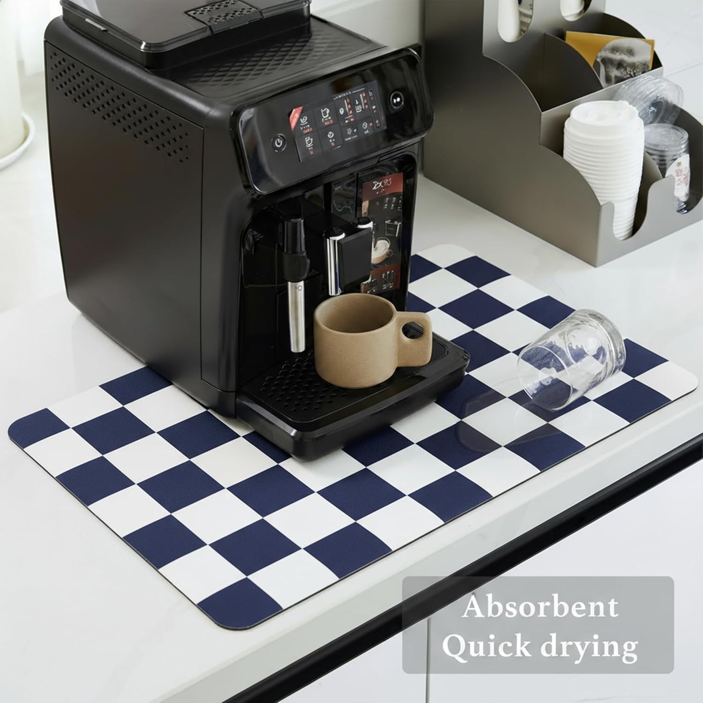 Checkered Dish Drying Mat for Kitchen Counter, Coffee Bar Station Accessories, Retro Cute Aesthetic Modern Absorbent Drainer Mat Kitchen Drying Mat Easy Clean (Navy Blue, 24" x 16")