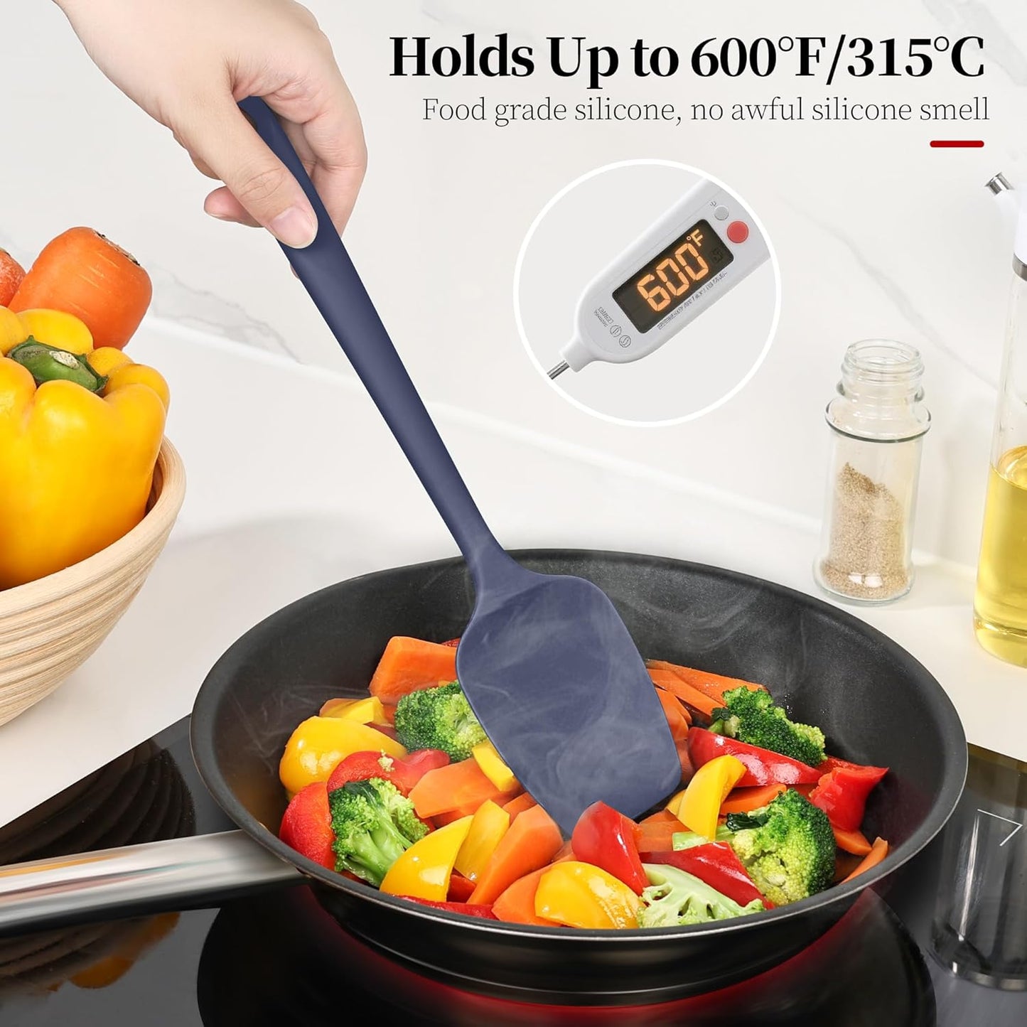 600ºF Heat Resistant Spatula, 11.34 inch High Heat Food Safe Semless Kitchen Silicone Spoon Spoonula Scraper for Cooking Baking Mixing Scraping Stirring Nonstick Cookware Pan (Midnight Blue)