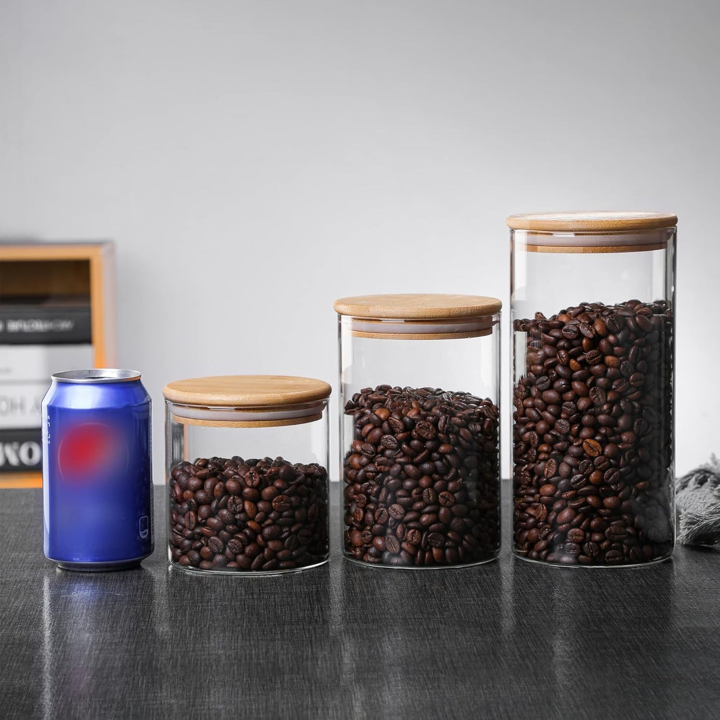 MOLFUJ 550 ML / 18 FL Oz Glass Storage Container with Wood Lid, Stackable Clear Decorative Organizer Bottle Canister Pantry Jar with Air Tight Wooden Lid for Food, Coffee, Candy, Sugar, Salt, Tea