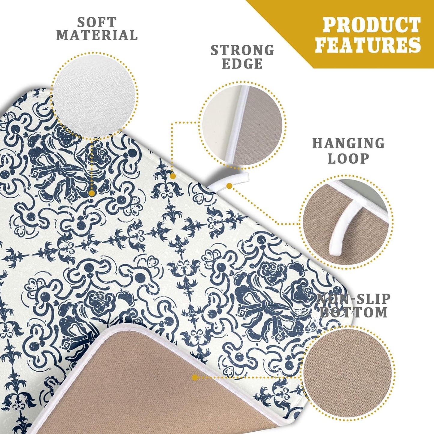 Bohemian Grey Retro Dish Drying Mat for Kitchen Counter,Boho Abstract Flower Art Drying Mat 16 x 18 Inch Microfiber Dish Drying Pad Dish Rack Pad Drainer Mat for Coffee Bar