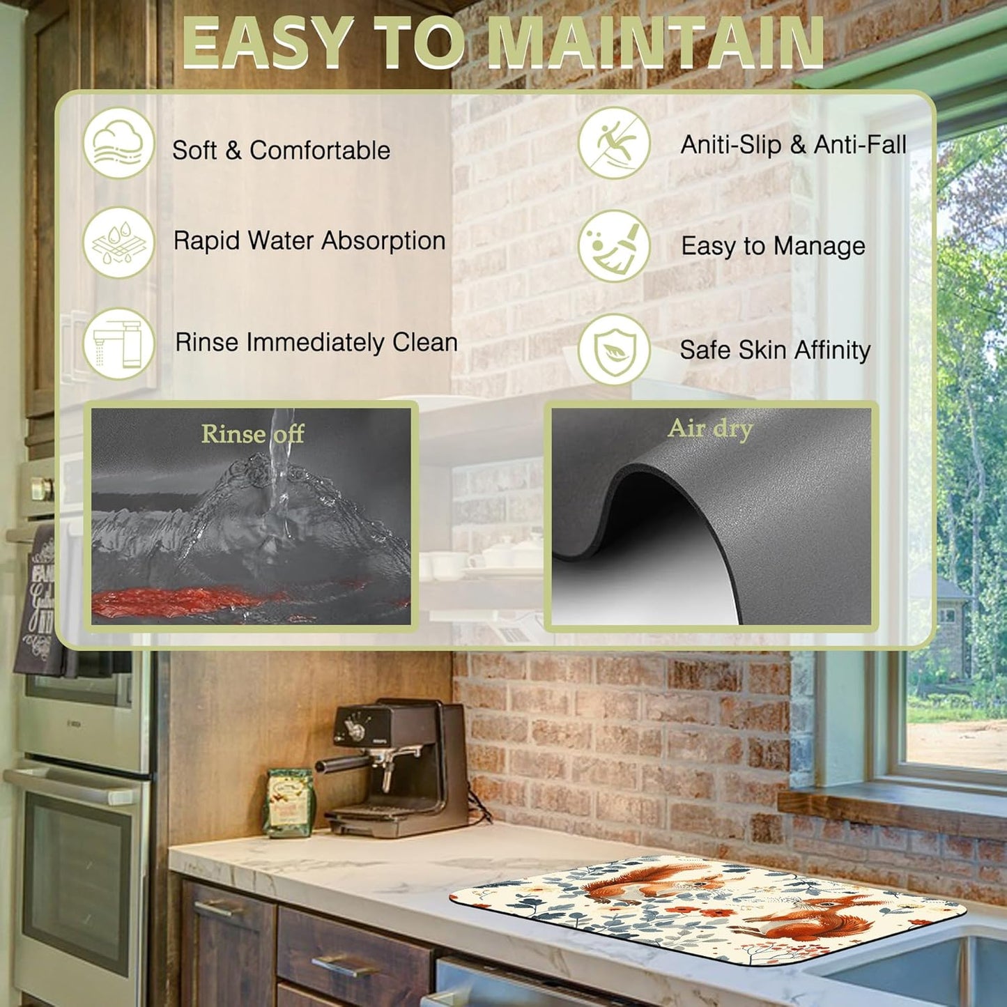 Dish Drying Mat Squirrel in the Flowers Kitchen Mat 16"x24" Bsorbent Coffee Maker Mat for Dishes,Utensils Coffee Maker Pots and Pans Easy Clean Dish Slip Resistant Pad