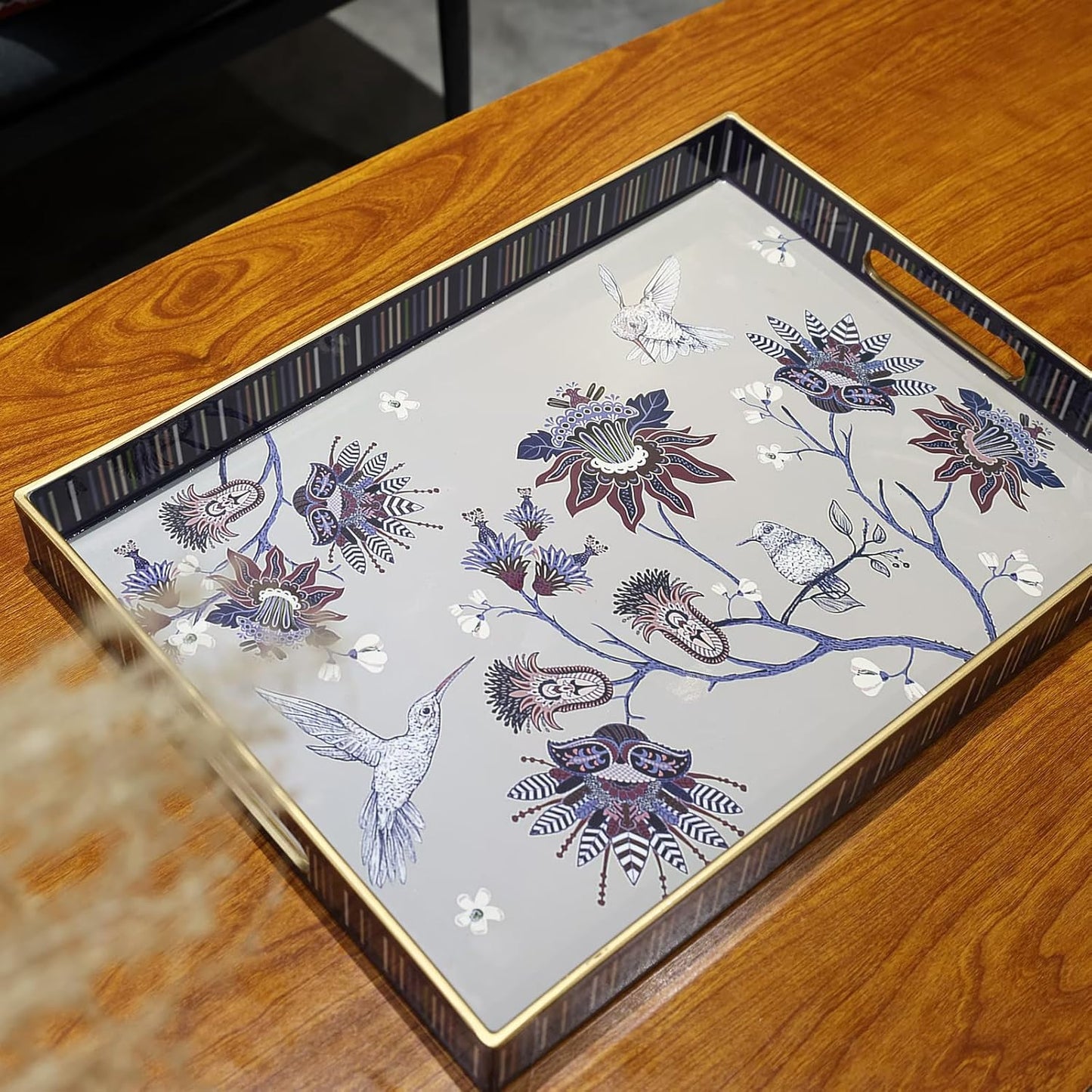 Rectangle Plastic Serving Tray with Handles, Elegant Decorative Tray for Coffee Table, Ottoman, Living Room, Kitchen, Outdoor Use. 12"*16"*1.6" A