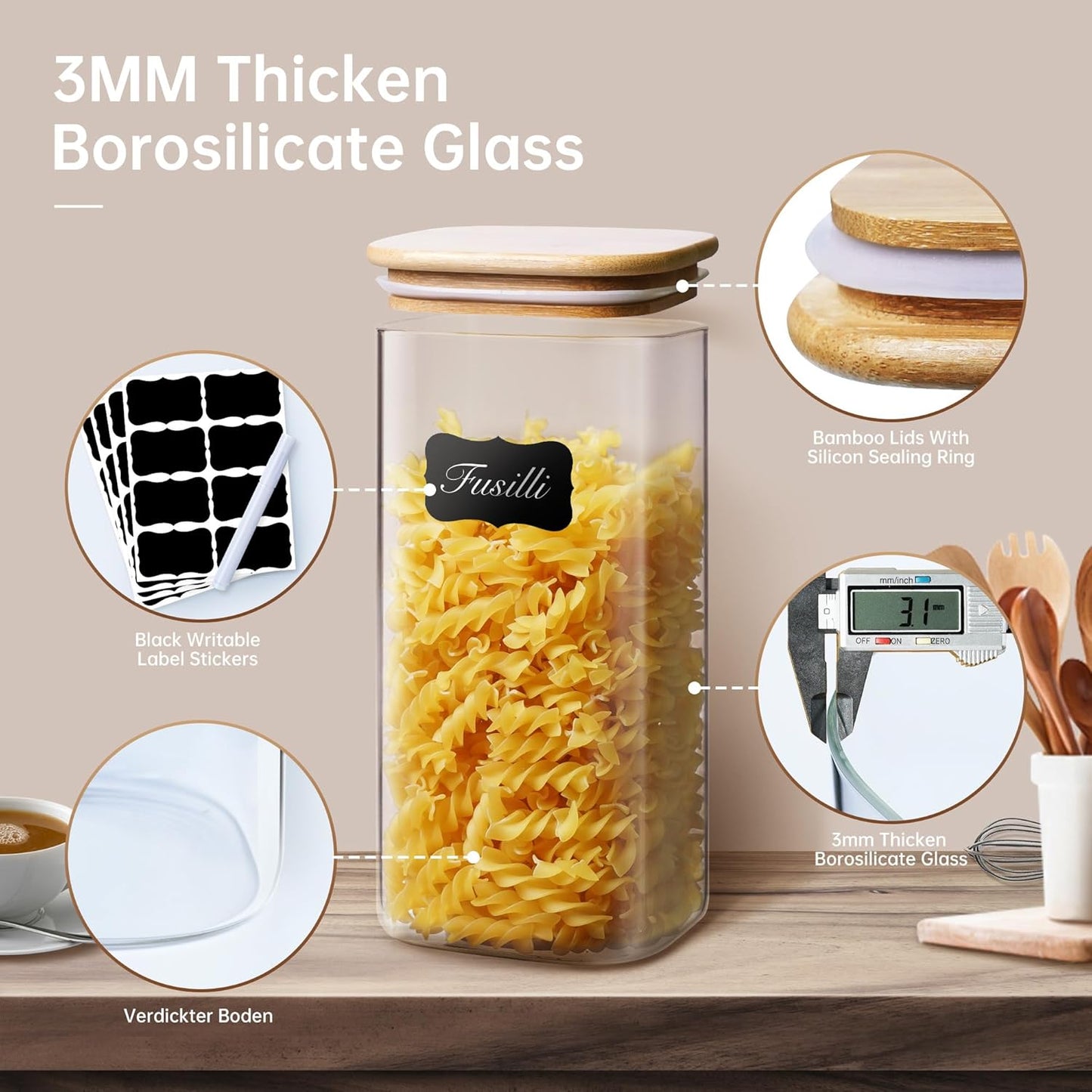 27oz - 4 Pack Square Glass Jars with Bamboo Lids, Glass Food Storage Containers with Airtight Lids for Kitchen, Air Tight Pantry Storage Containers for Cereal, Pasta, Rice, Sugar, Coffee, Spice