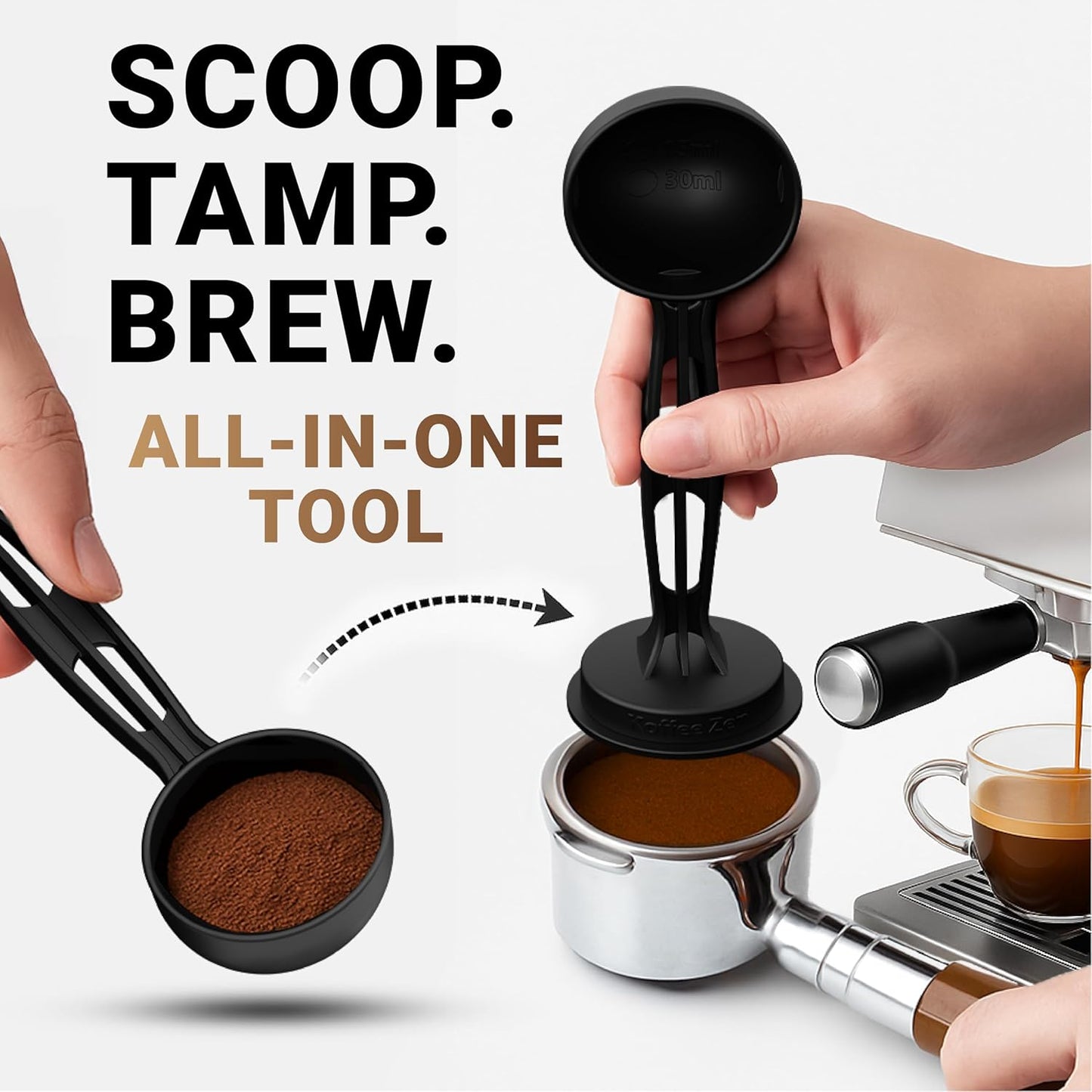 Koffee Zen Espresso Tamper Set, 5 Interchangeable Sizes (49–58mm), Dual Coffee Scoop (1 & 2 TBSP), Fits Select Breville, De’Longhi & More Models