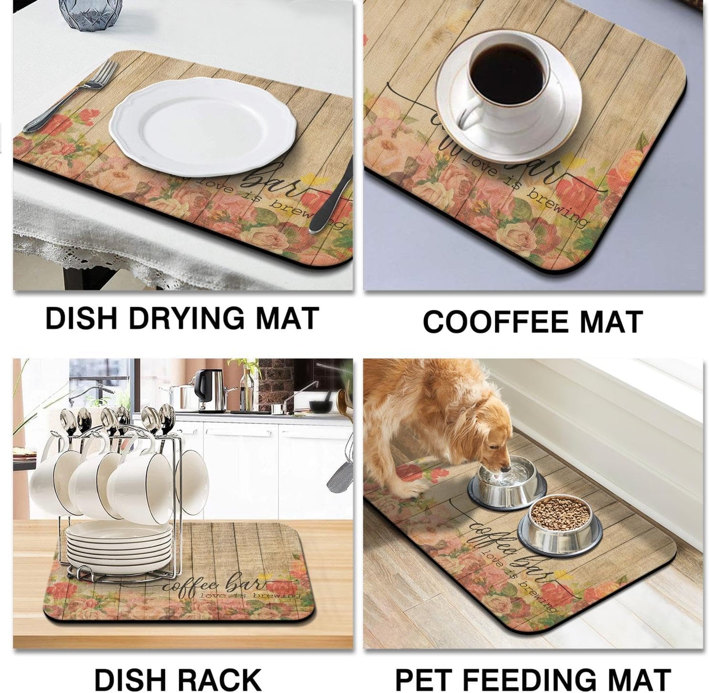 Rubber Dish Drying Mat for Kitchen Counter Large Coffee Bar Washable Quick Home Coffee Pad Fit Under Sink,Bar,Utensils or Stemware (24x18in)