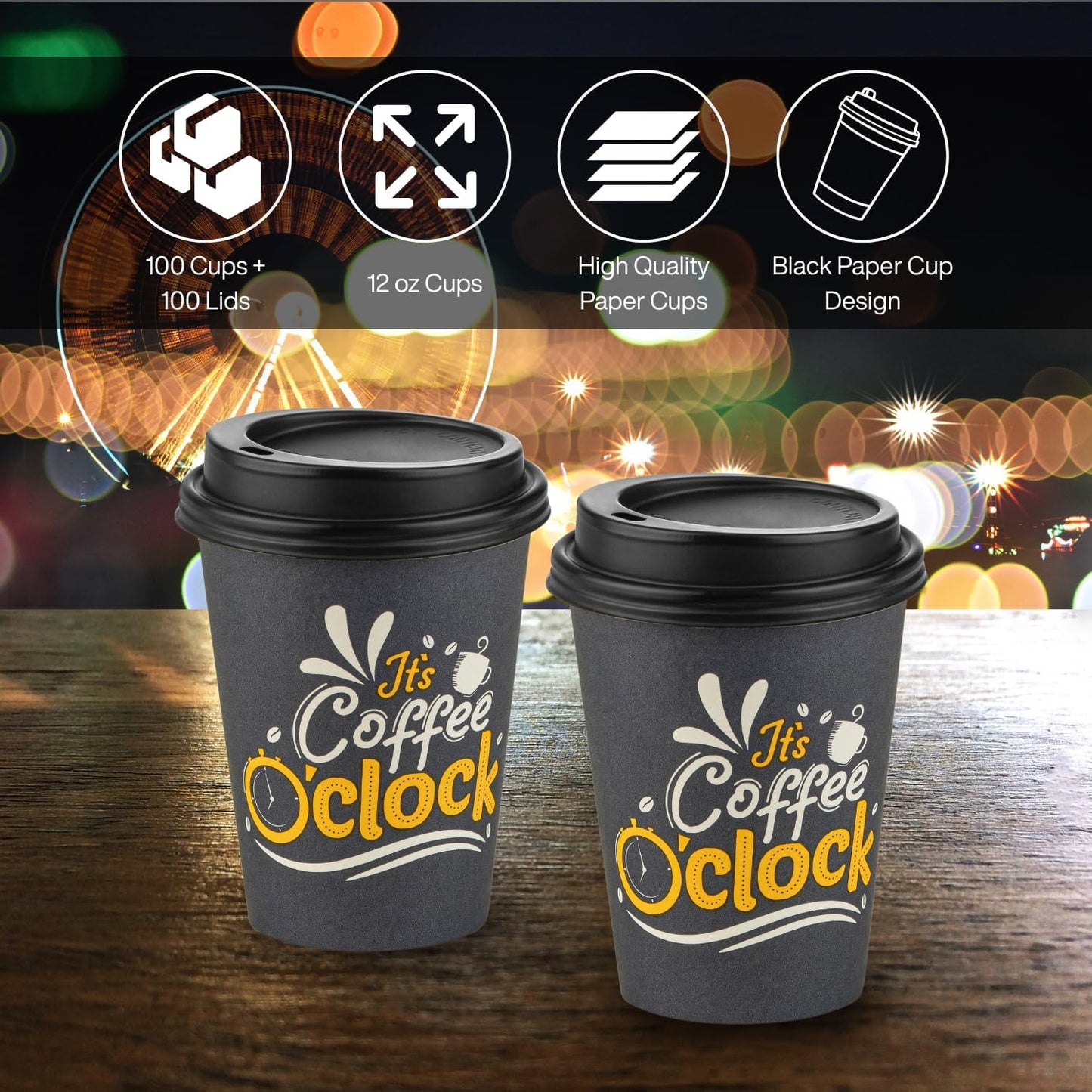 Smygoods Disposable Coffee Cups with Lids, To Go Paper Hot Cups, Coffee O'Clock Design (12 OZ, 100 Count) For Hot Beverages, Coffee, Tea, Espresso, Cocoa - Vasos Para Cafe