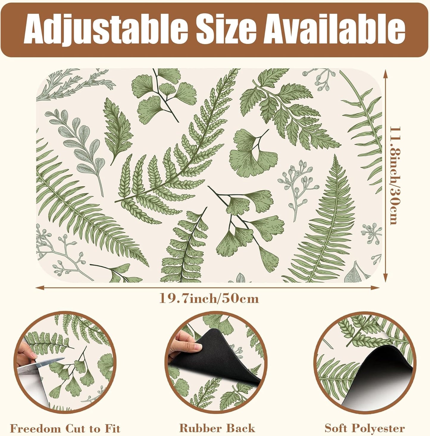 Leaves and Herbs Dish Drying Mat for Kitchen Counter Bar Mat Hide Stain Absorbent Rubber Backed Coffee Maker Espresso Machine Bar Accessories 11.8 x 19.7 Inch