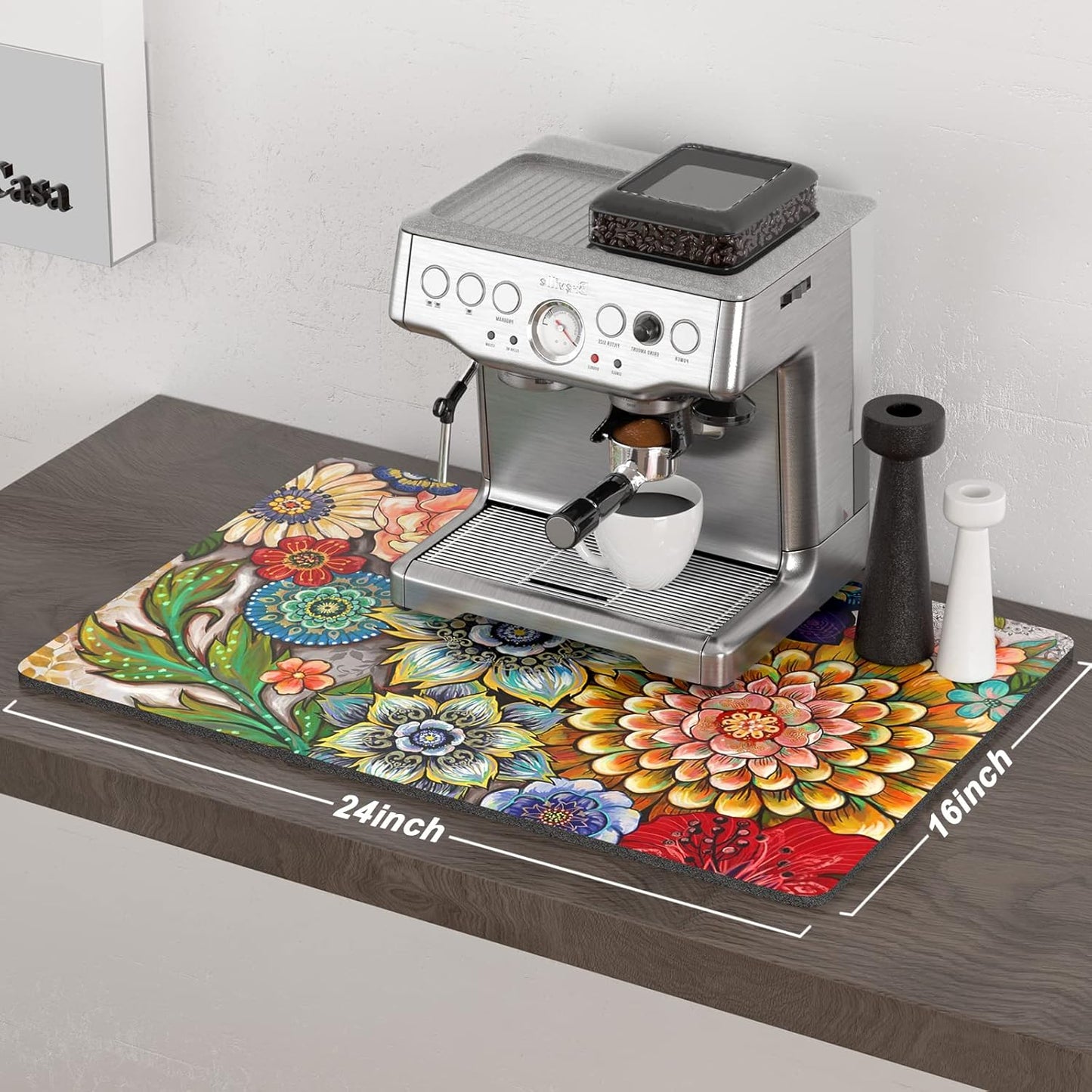 Rnivvi Coffee Mat, 16" x 24" Cute Flower Theme Coffee Bar Mats for Espresso Machine Station Accessories and Organizer, Hide Stain Rubber Backed Absorbent Dish Drying Pad for Kitchen Counter, Mandala