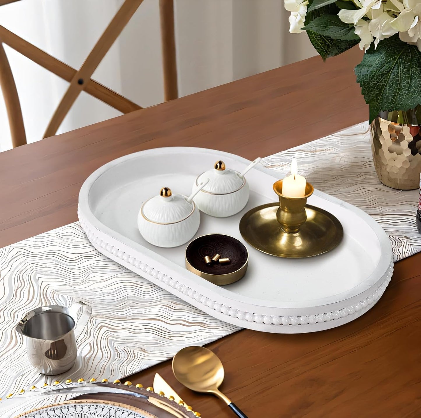 MAONAME Wood Serving Tray, Farmhouse Wooden Tray for Coffee Table, Oval Beaded Trays, White Decorative Trays for Living Room, Kitchen, 15" X 9" X 1.2"