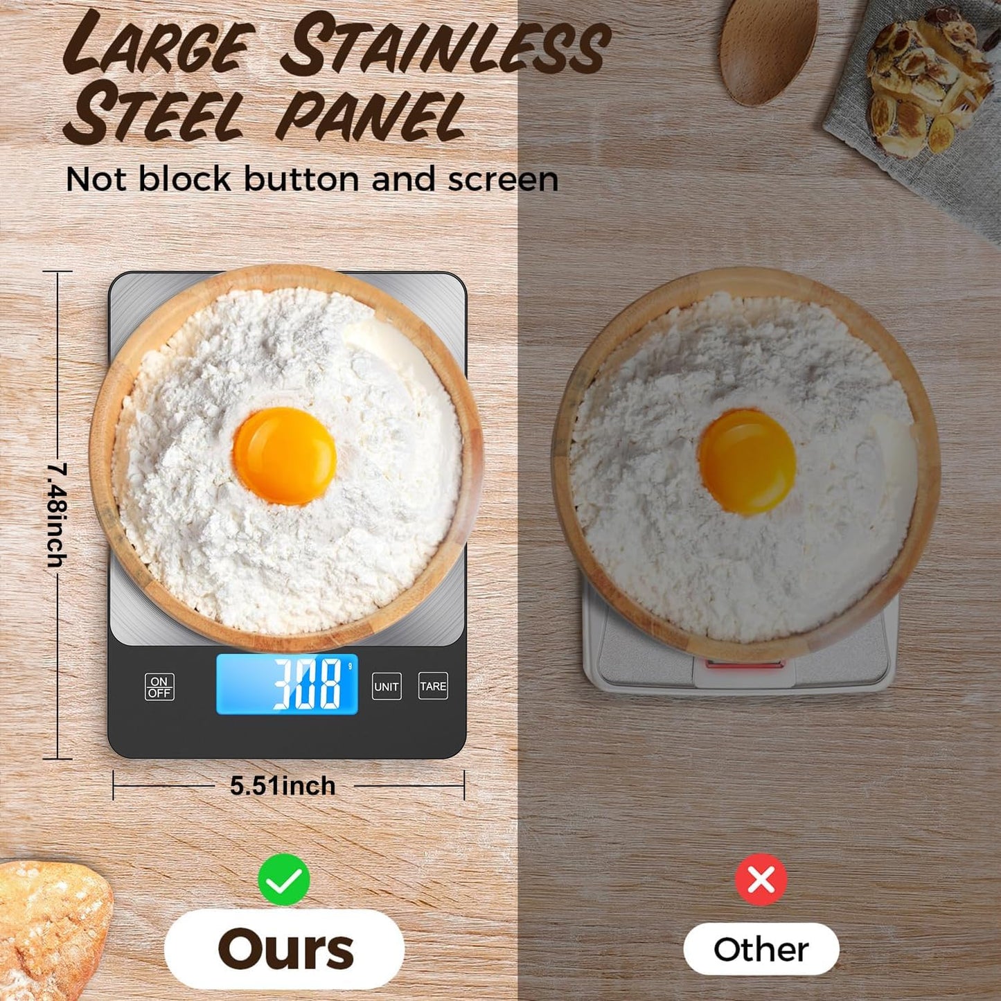 NASA-Grade 33lb Digital Kitchen Scale, Precisely Measures Grams and Ounces for Baking and Cooking,304 Stainless Steel