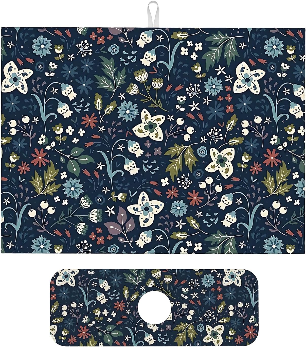 2Pcs Dish Drying Mats Faucet Mats Sets Large Size Coffee Mats Sink Faucet Mat Splash Guard for Kitchen Counter Bathroom Sink Coffee Bar Kitchen Decor (Cute Wildflowers, 18"x24" 15" x 5.5"Set)