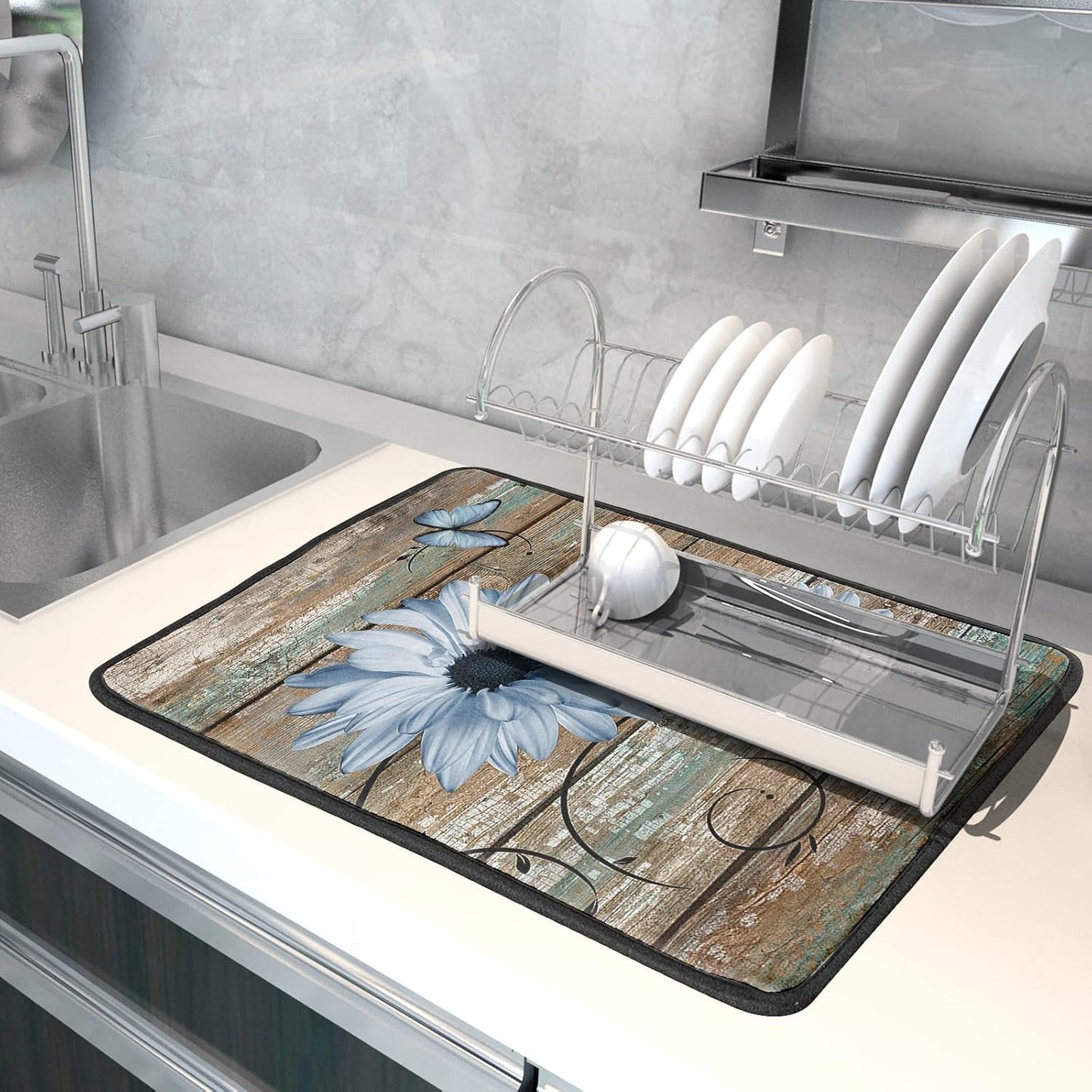 Rustic Daisy Dish Drying Mat for Kitchen Countertop 18x24 inch Blue Sunflowers on Wooden Board Dish Drainer Mats Fast Drying Country Vintage Style Shabby Chic Flower Dish Drying Pad Decor Large