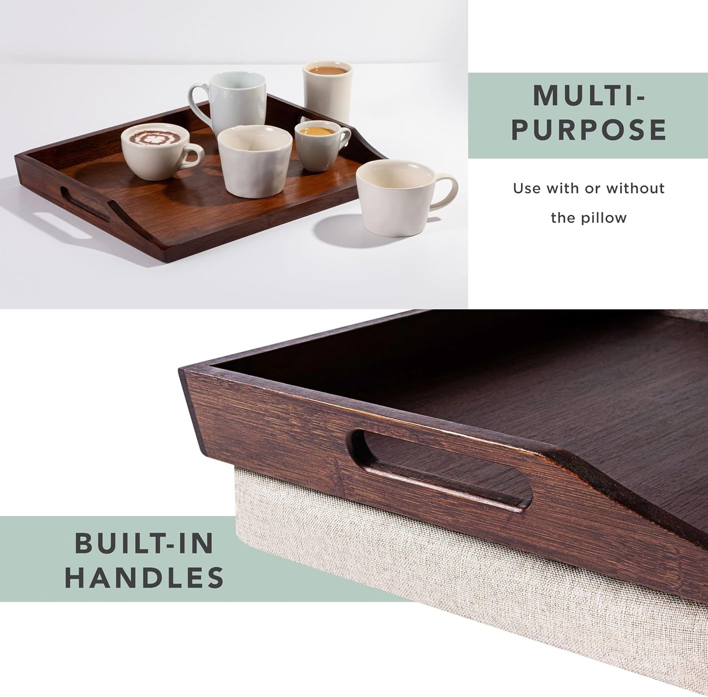 ROSSIE HOME Bamboo Wood Bed Tray, Lap Desk - Set of Two - with Hyacinth Storage Basket - Java - Fits up to 15.6 Inch Laptops - Style No. 70102