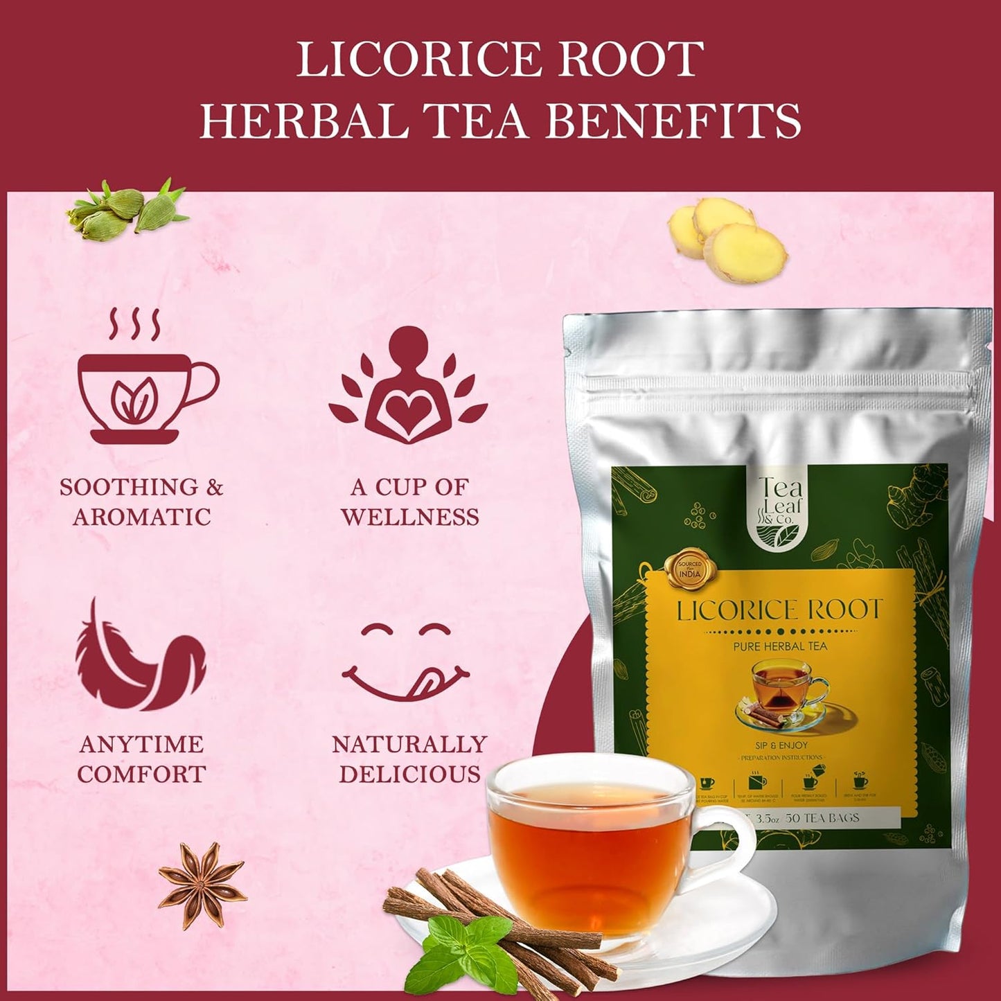 Tealeaf & Co. Licorice Root Tea Blended with Organic Spices - Pure Herbal Tea Bags with Cardamom, Ginger, Cinnamon Sticks & Licorice Root Extract - Low Caffeine - Gluten Free - 50 Teabags