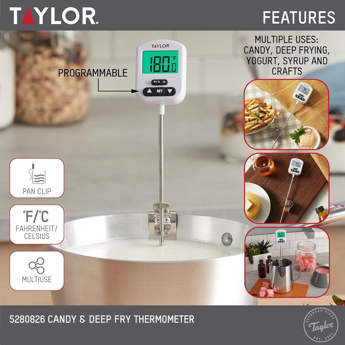Taylor Programmable Digital Candy and Deep Fry Thermometer with Green Light Alert Display & Stainless Steel Candy Deep Fry Food Cooking Kitchen Analog Thermometer, 12 Inches