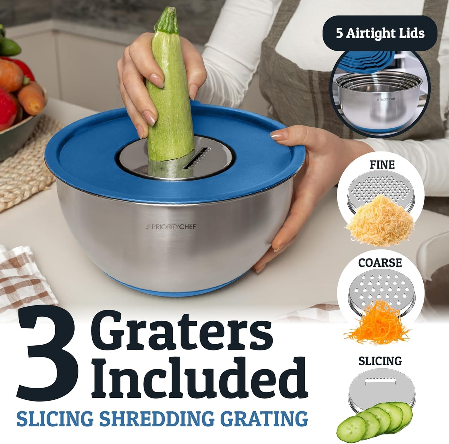 Priority Chef Stainless Steel Mixing Bowls with Lids Set, 3 Grater Attachments, Airtight Lids, Non-Slip Silicone Base Mixing Bowl Set, Large Prep Metal Mixing Bowls for Kitchen, Blue